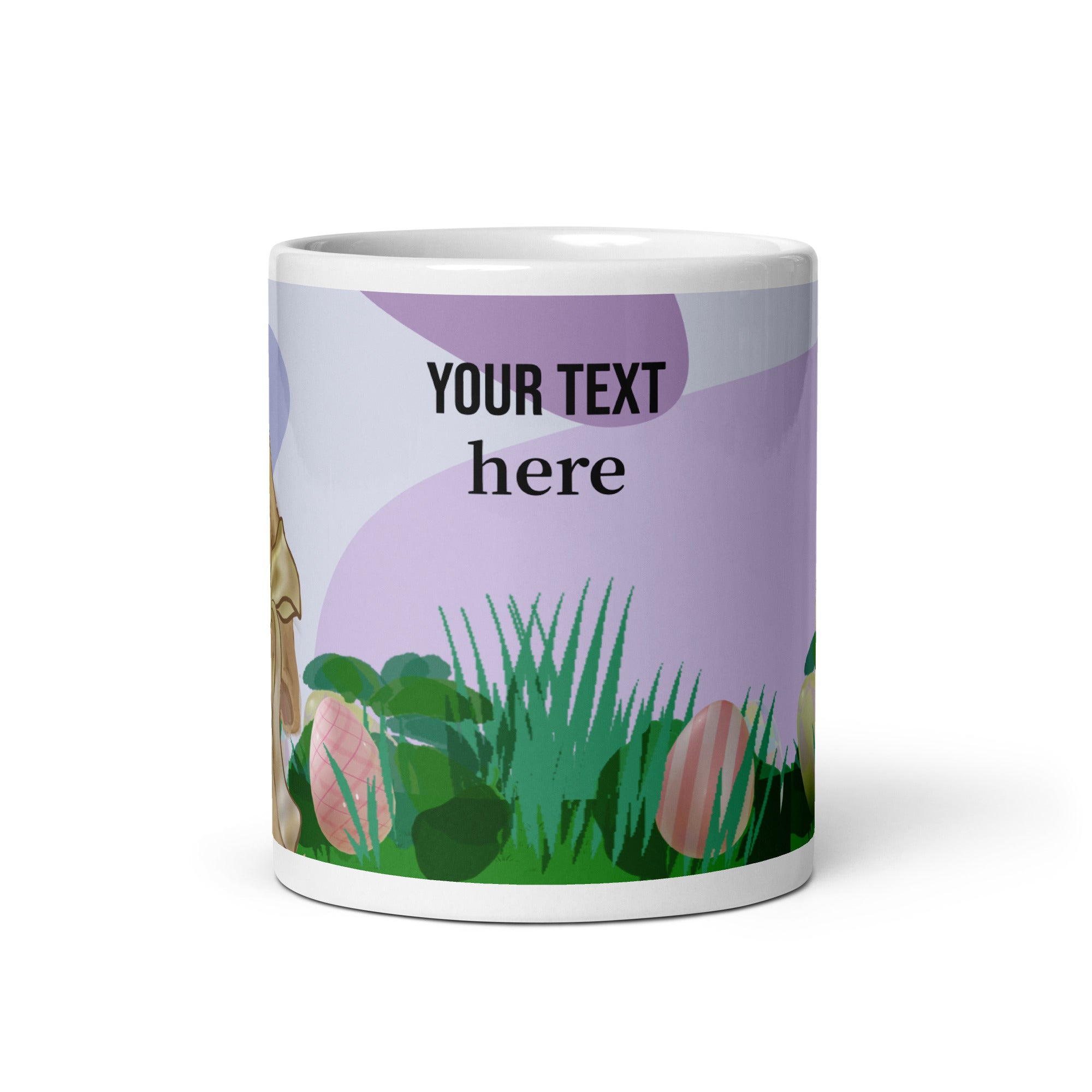 Spring Bunny Lady Mug Easter Coffee Mug with charming spring bunny adorned with a delicate flower crown hat in field of grass, lavender pattern background and Easter eggs. Customize with text in all sizes - 11 oz - front view