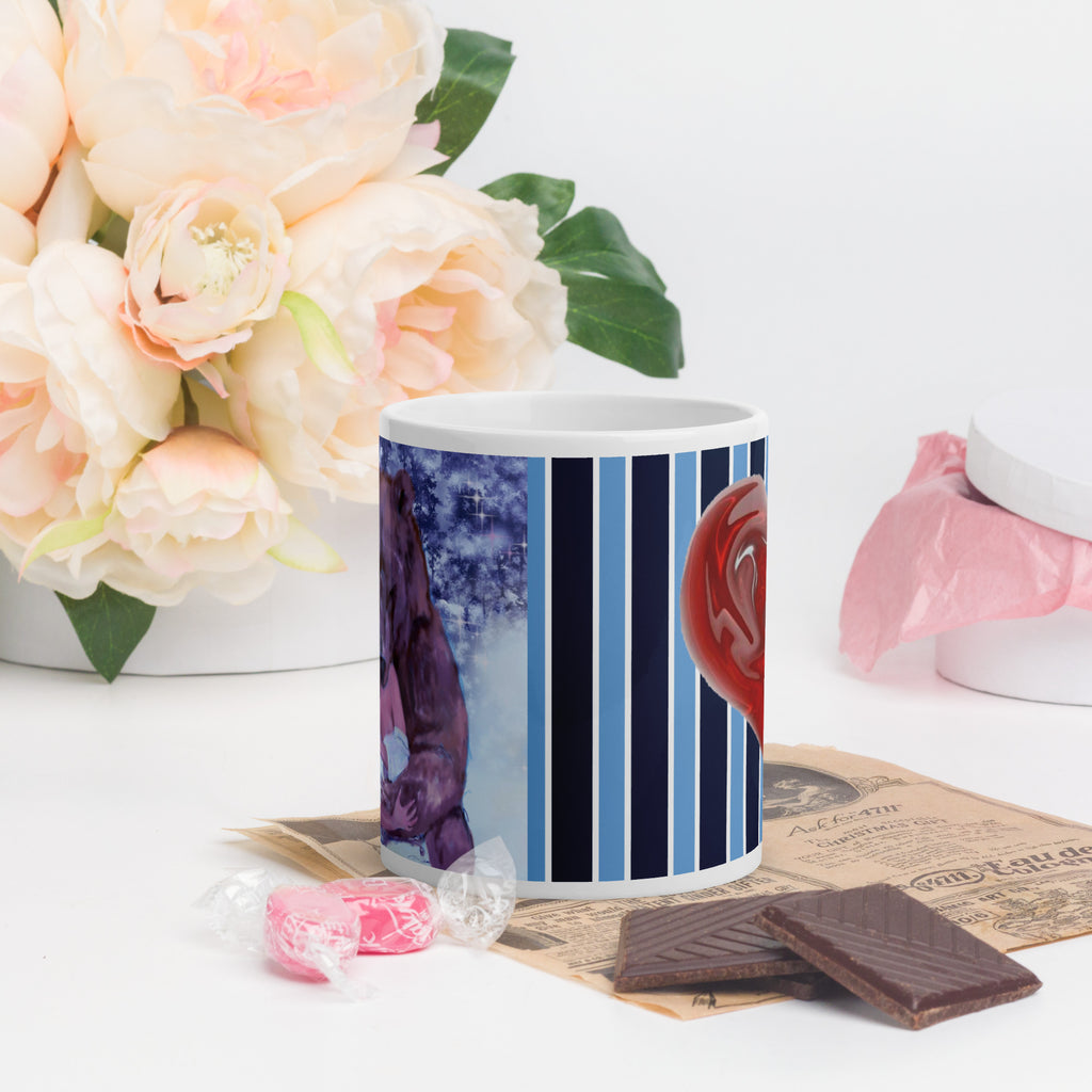 Bear Hug Valentine's Day Mug - Romantic Winter Love Heart Gift- Premium white ceramic mug- Large brown bear hugging woman with white dress in a winter scene of snow and trees in background. Striped light and dark blue patter with red heart- 11 oz front view