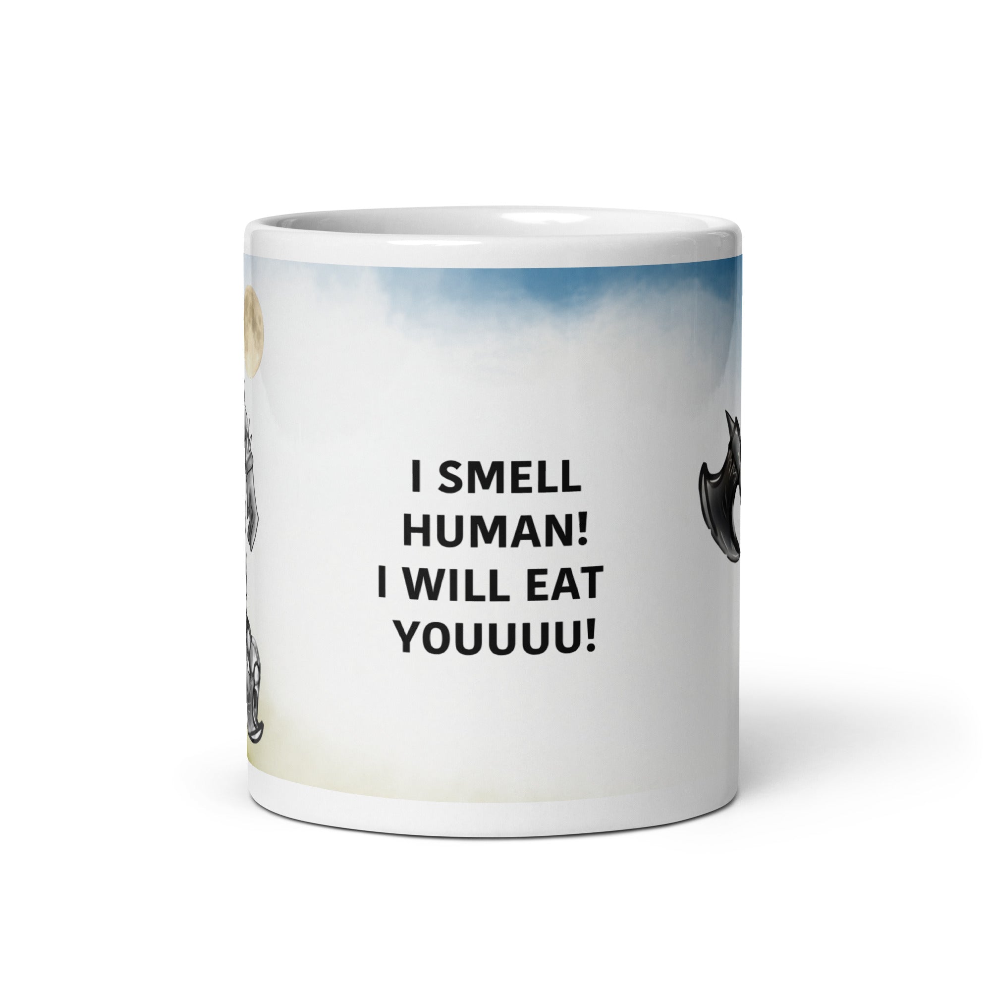 I Smell Human I Will Eat Youuuu Mug - Coffee Ogre Warrior | Brew Crew- Premium ceramic white mug -written text "I SMELL HUMAN! I WILL EAT YOUUUU!" - 11 oz - front view