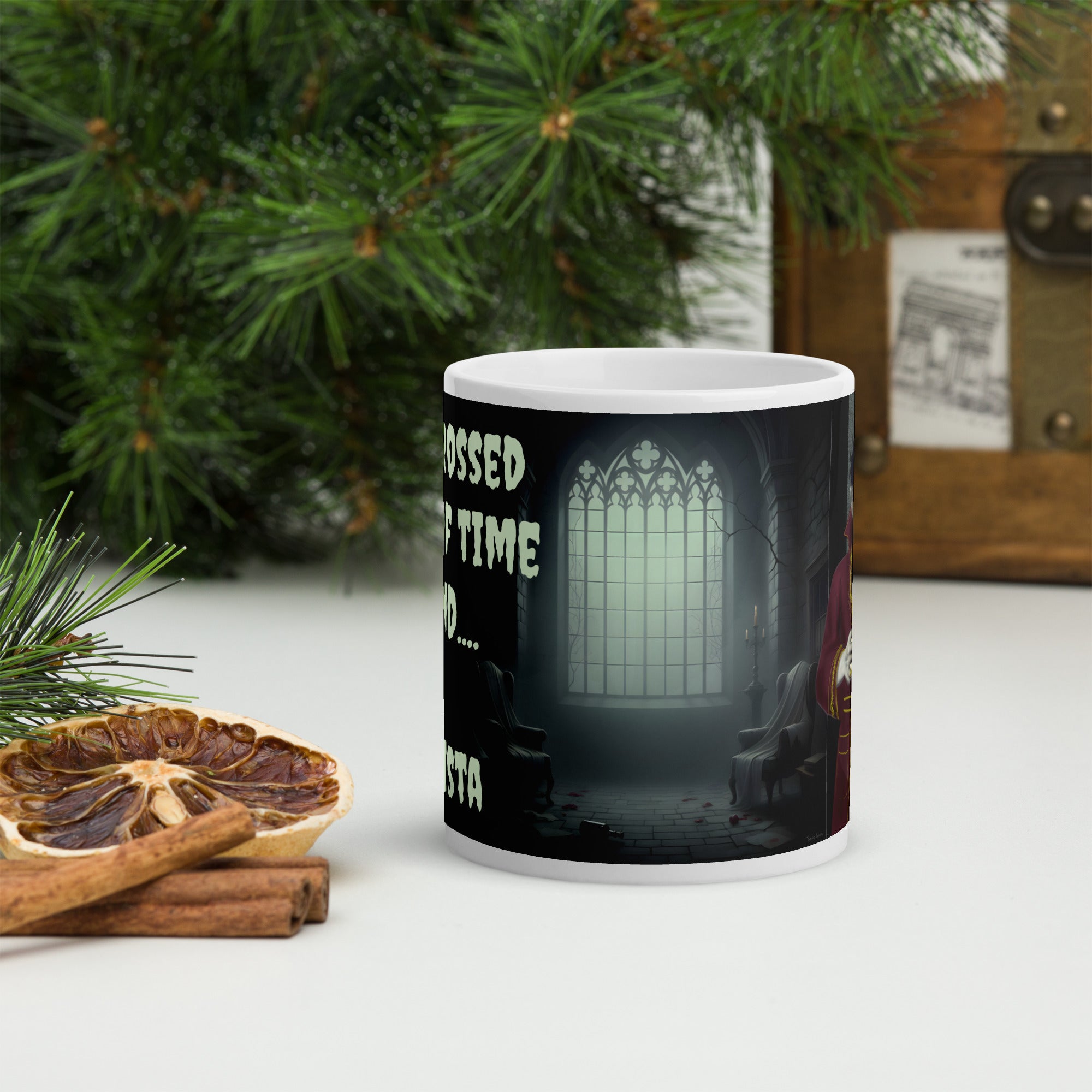 Dracula Coffee Mug - I Have Crossed Oceans of Time to Find a Barista- Premium white ceramic mug with Draculas castle showing the far window with a misty green haze - 11 oz front view- on table with plants