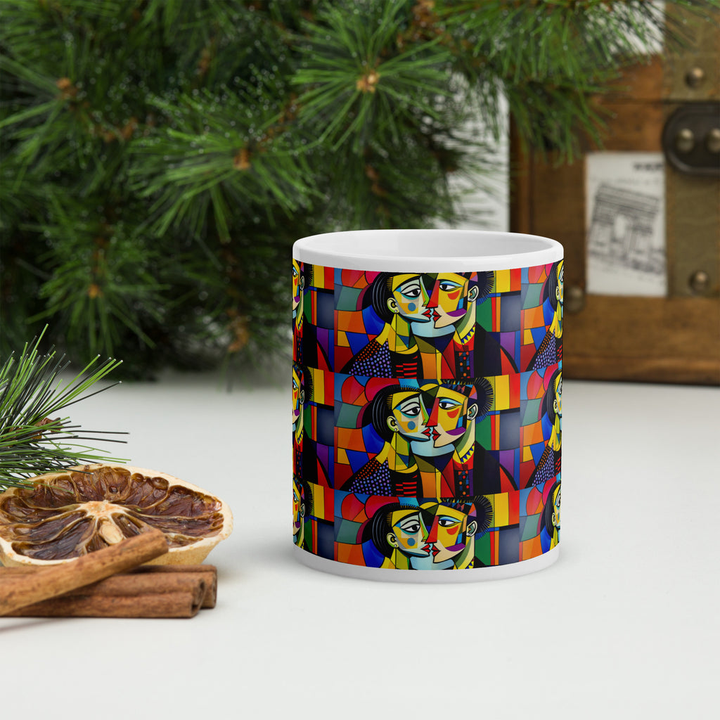 Abstract Kiss Ceramic Mug 2 - Romantic Abstract Art Ceramic Mug -colorful pattern with couple kissing-11-oz - front view