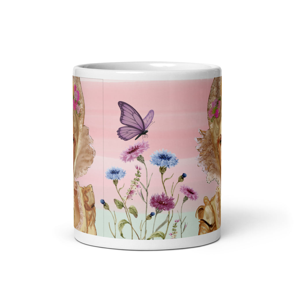 Stunning Premium white ceramic mug features the iconic French queen Marie Antoinette with her elaborate updo hairstyle, ornate golden crown adorned with pink flowers, magnificent white lace Elizabethan collar, and pearl necklaces. Surrounded by her beloved cornflowers (bleuets) and a delicate purple butterfly - 11 - oz  front view