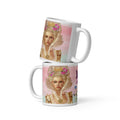 Stunning Premium white ceramic mug features the iconic French queen Marie Antoinette with her elaborate updo hairstyle, ornate golden crown adorned with pink flowers, magnificent white lace Elizabethan collar, and pearl necklaces. Surrounded by her beloved cornflowers (bleuets) and a delicate purple butterfly 11 - oz  front view