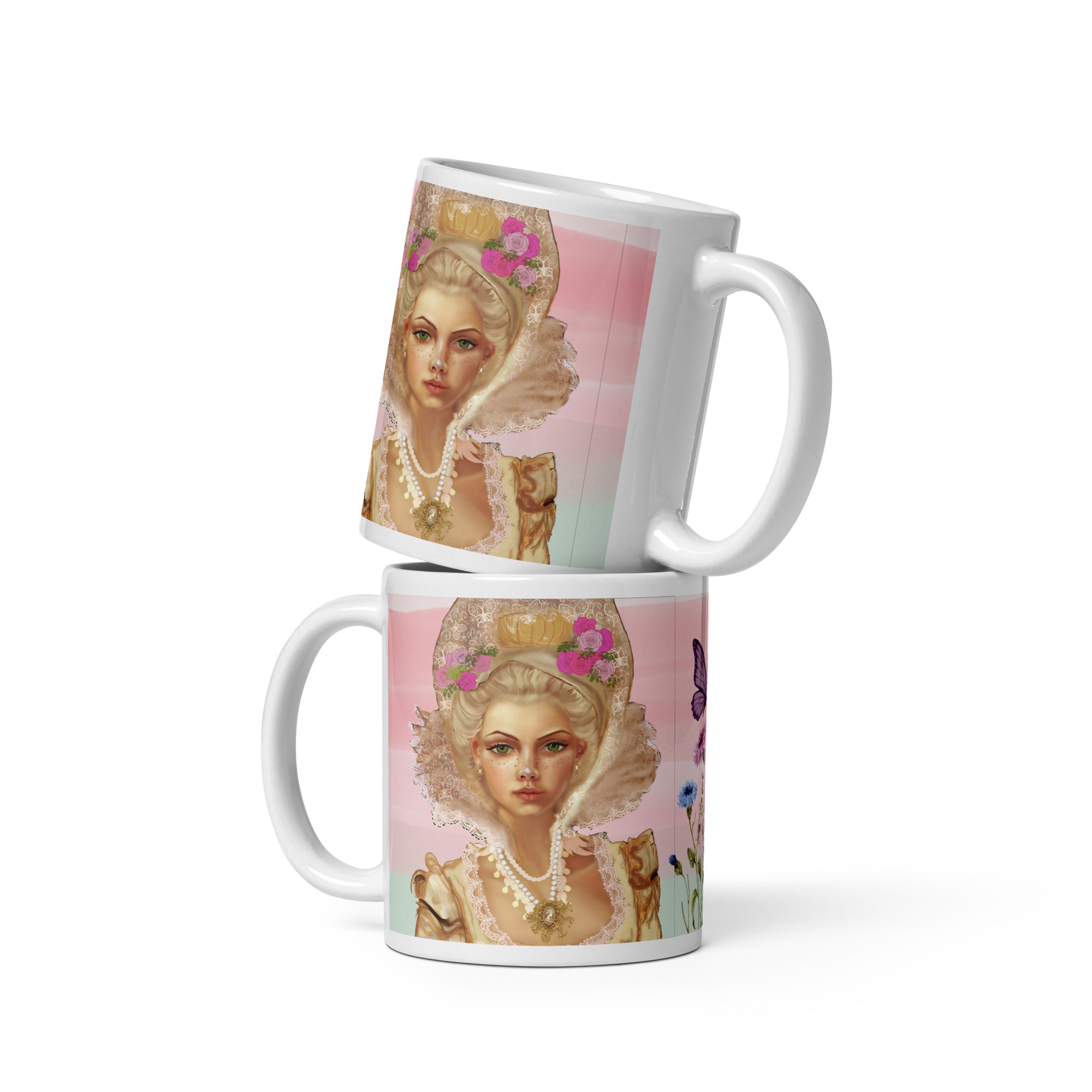 Stunning Premium white ceramic mug features the iconic French queen Marie Antoinette with her elaborate updo hairstyle, ornate golden crown adorned with pink flowers, magnificent white lace Elizabethan collar, and pearl necklaces. Surrounded by her beloved cornflowers (bleuets) and a delicate purple butterfly 11 - oz  front view
