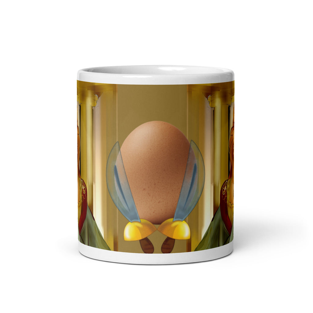 Premium white ceramic mug features an egg with swords symbol of Helens birth .The sword she used as a mirror that reflected her beauty 11 - oz - front view