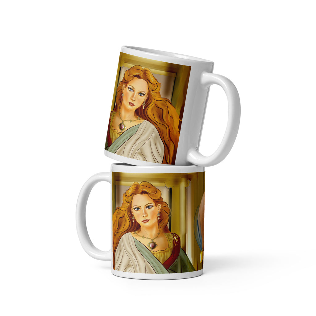 Premium white ceramic mug features Helen of Troy, the legendary beauty that launched 1000 ships that lead to the Trojan war. With her flowing golden hair, striking green eyes, elegant white dress with green sash, and purple gemstone necklace 11 - oz - front view