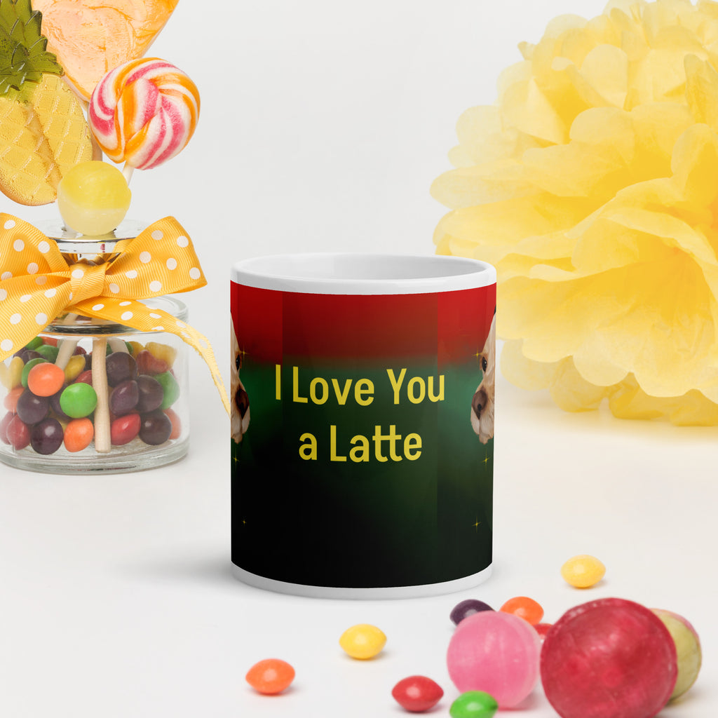 Adorable Premium white ceramic mug features the sweetest tan pup with big soulful brown eyes, wearing a festive black bandana decorated with Christmas motifs. Set against a beautiful red to green gradient background with sparkles - 11 - oz front view