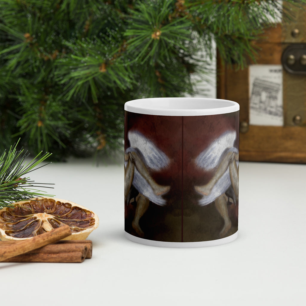 Stunning Premium white ceramic mug features a classical Renaissance-style painting of the mythological tale of Leda and the Swan. In Greek mythology, 11 - oz - front  view