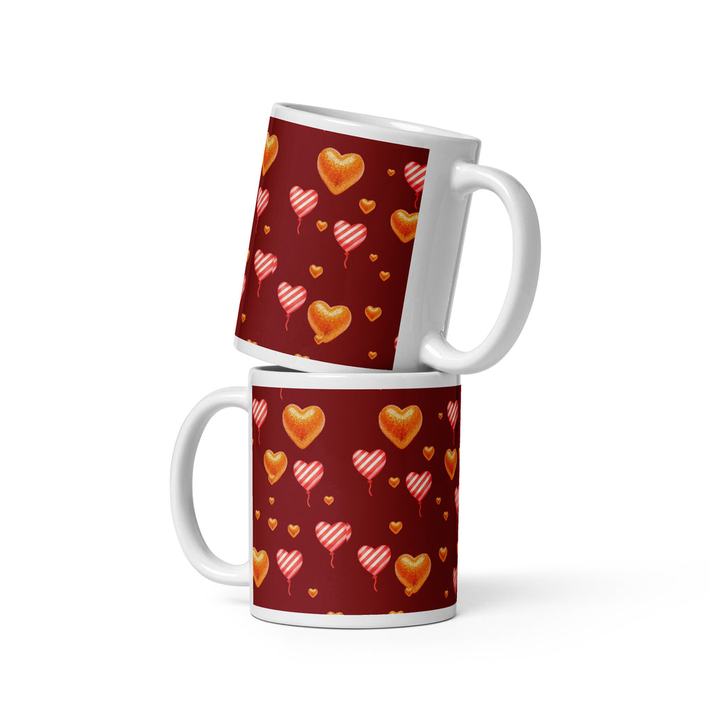 Premium Ceramic Beautiful heart balloons Valentine mug with burgundy background! Watercolor hearts and striped heart balloons - perfect for romantic gifts and love celebrations - 11 oz - front view