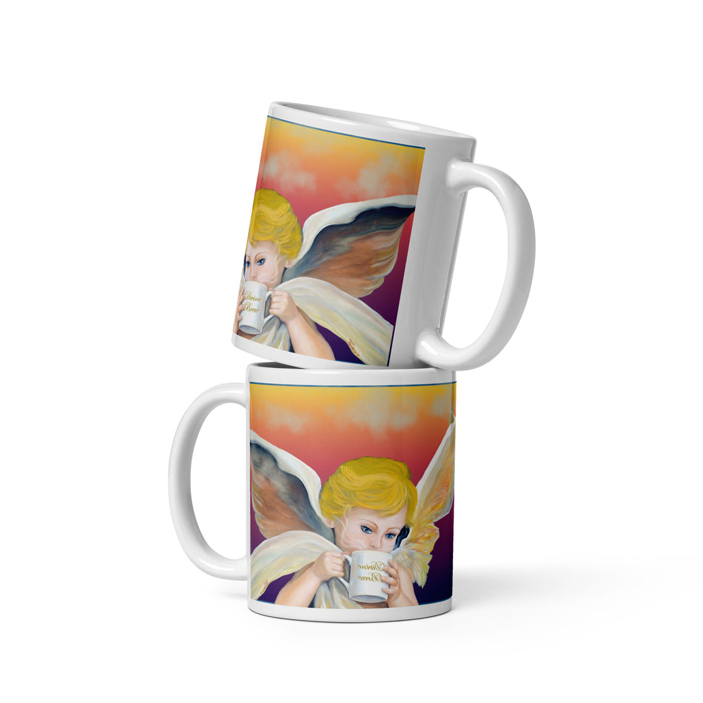 Beautiful Divine Brew Amorino angel premium ceramic mug with original oil painting! Classical Renaissance cherub with coffee - 11 - oz front view