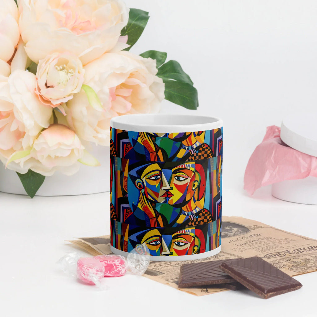 Colorful ceramic mug with abstract face design on table, flowers and chocolate nearby