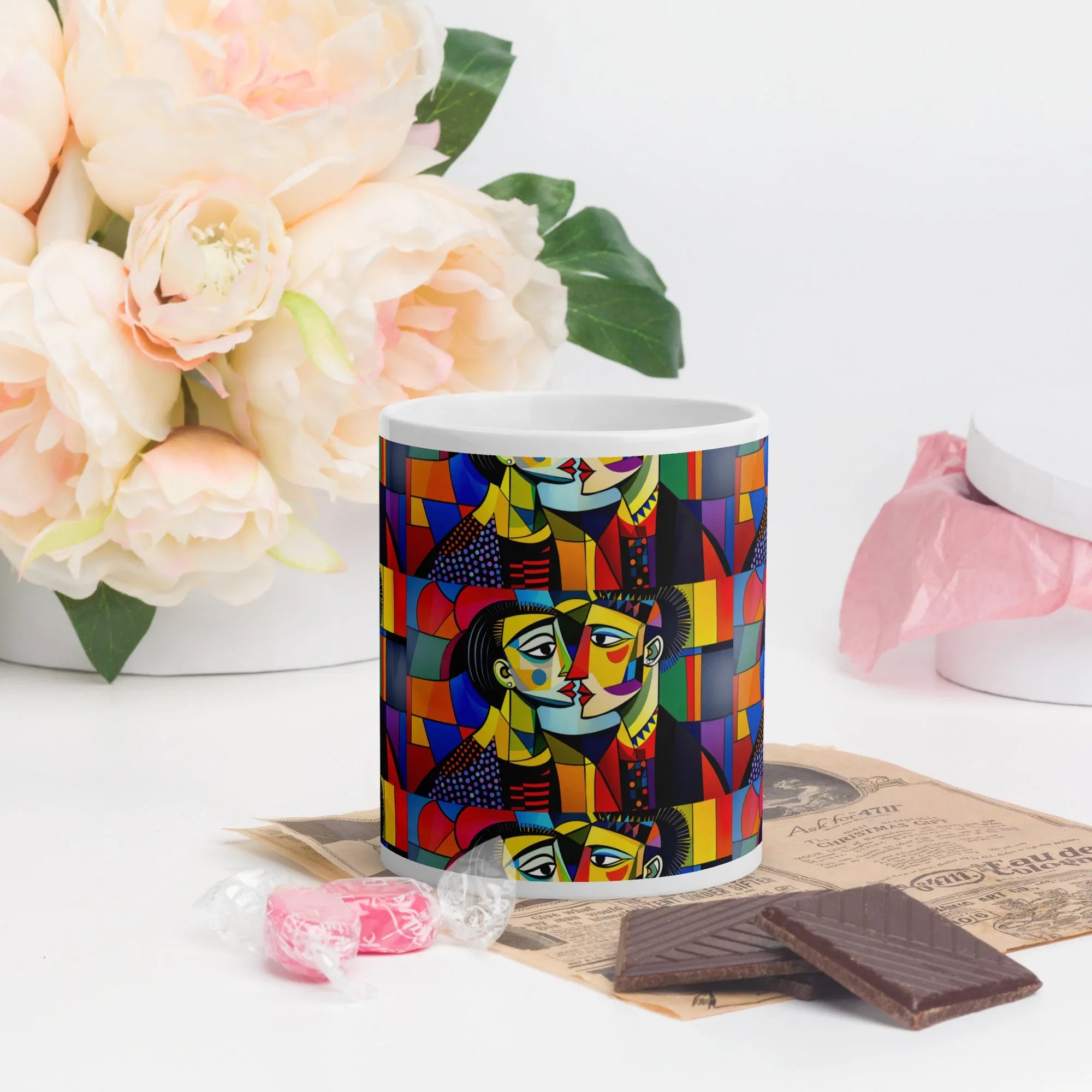Colorful ceramic mug with abstract modern art faces, on white table with flowers and chocolate