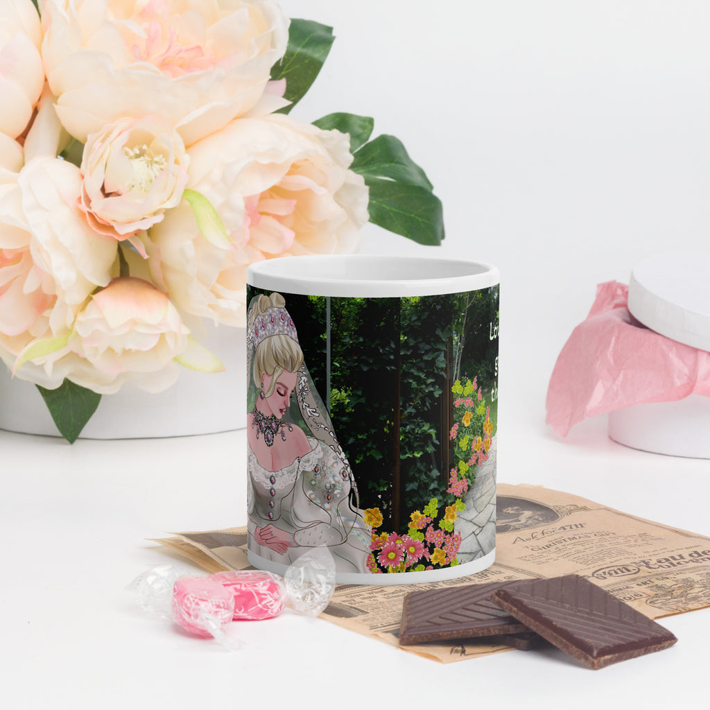 Premium white ceramic - Love will guide the way- wedding gift mug with beautiful bride in garden setting - 11 oz front view