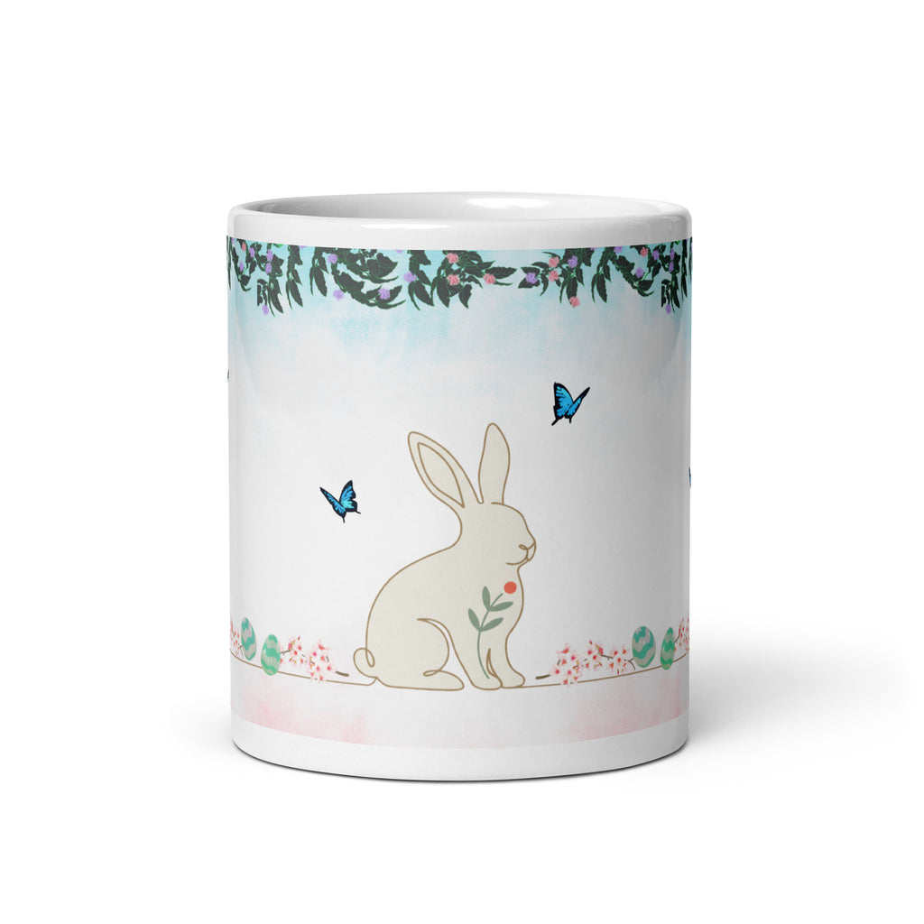 Premium White Ceramic - Bunny and Butterfly Mug -Gentle cream-colored bunny in peaceful garden setting
Blue butterflies fluttering around the scene - Soft turquoise sky background with watercolor effect - 11 oz 