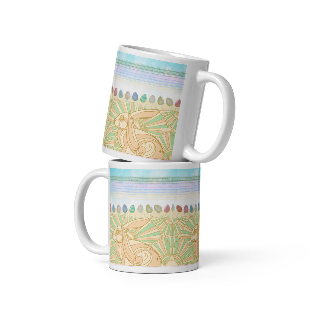 Premium white ceramic - Art Deco Easter bunny mug - Art Deco golden bunny with geometric sunburst pattern
Row of watercolor Easter eggs in pastel pink, blue, green, and lavender
Decorative bands in soft turquoise, lavender, and pink
Elegant geometric and ornamental details
Perfect blend of vintage Art Deco and spring Easter themes - 11 oz
