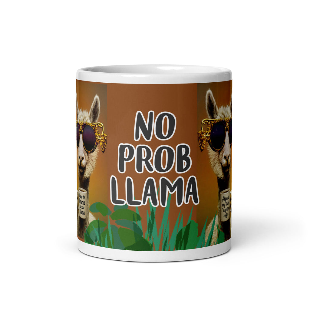 Premium white ceramic - No Prob-llama LLama mug with No Prob LLama  background 11 oz front view