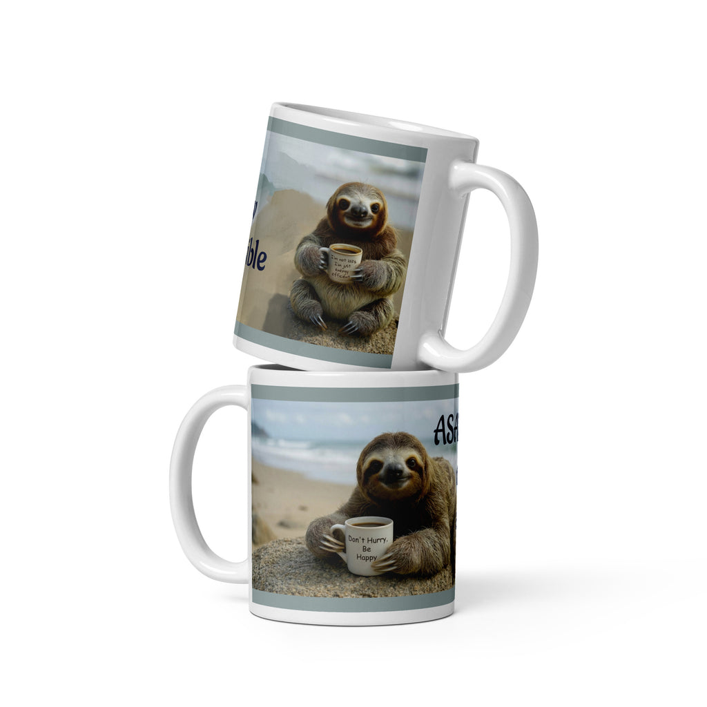 Premium white ceramic -Sloth Coffee mug with adorable sloth taking it easy at the beach holding his coffee mug "Don't Hurry be Happy" and "I'm not lazy just energy efficient" 11 oz