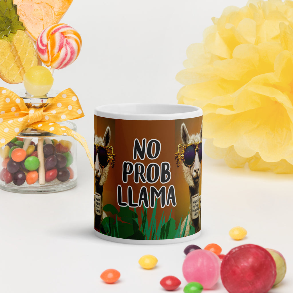 Premium white ceramic - No Prob-llama LLama mug with"No Prob llama" written on front -with a sunny orange background 11 oz front view
