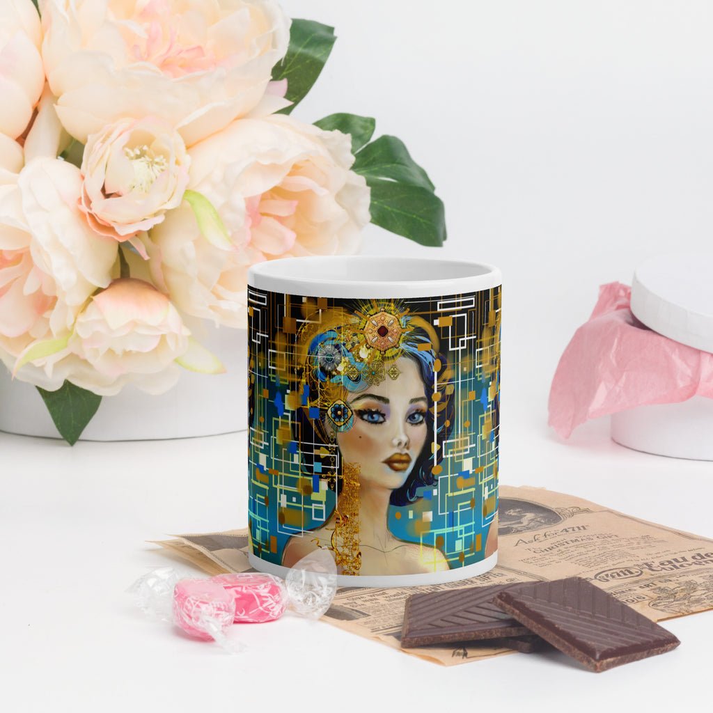 Steampunk Clockwork Woman Mug - Art Deco Futuristic White Ceramic Mug-11oz-front