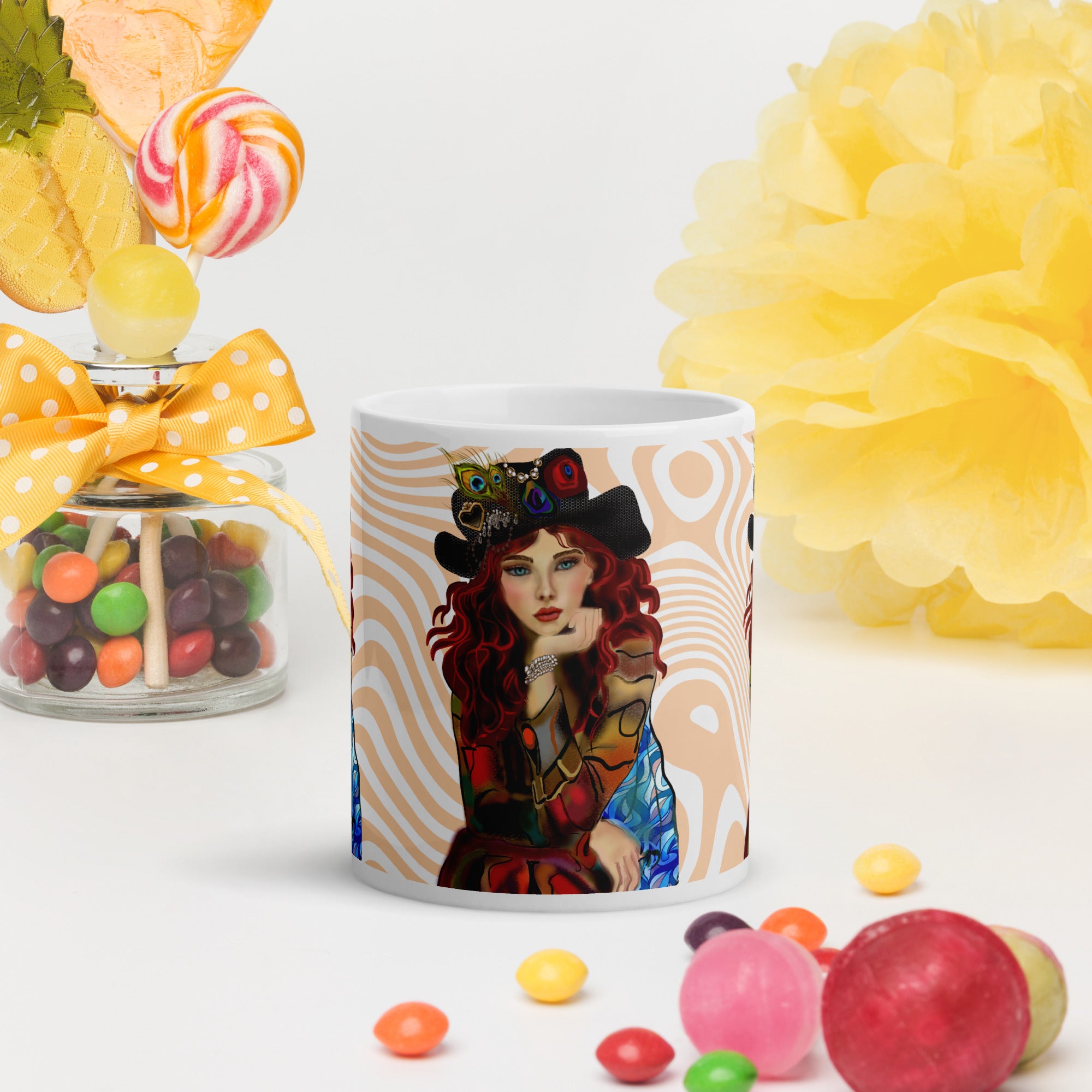 Premium White Ceramic -Steampunk Peacock Woman Mug - Whimsical Patchwork White Ceramic-11-oz-front