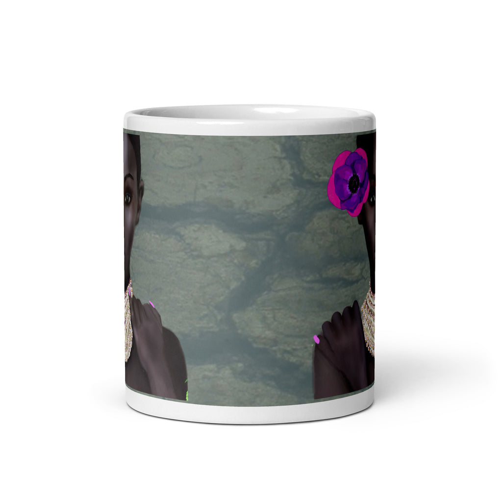 Black History Month - Premium white ceramic mug featuring portrait of Black woman with purple flower, pearls and pink nails 11-oz front view