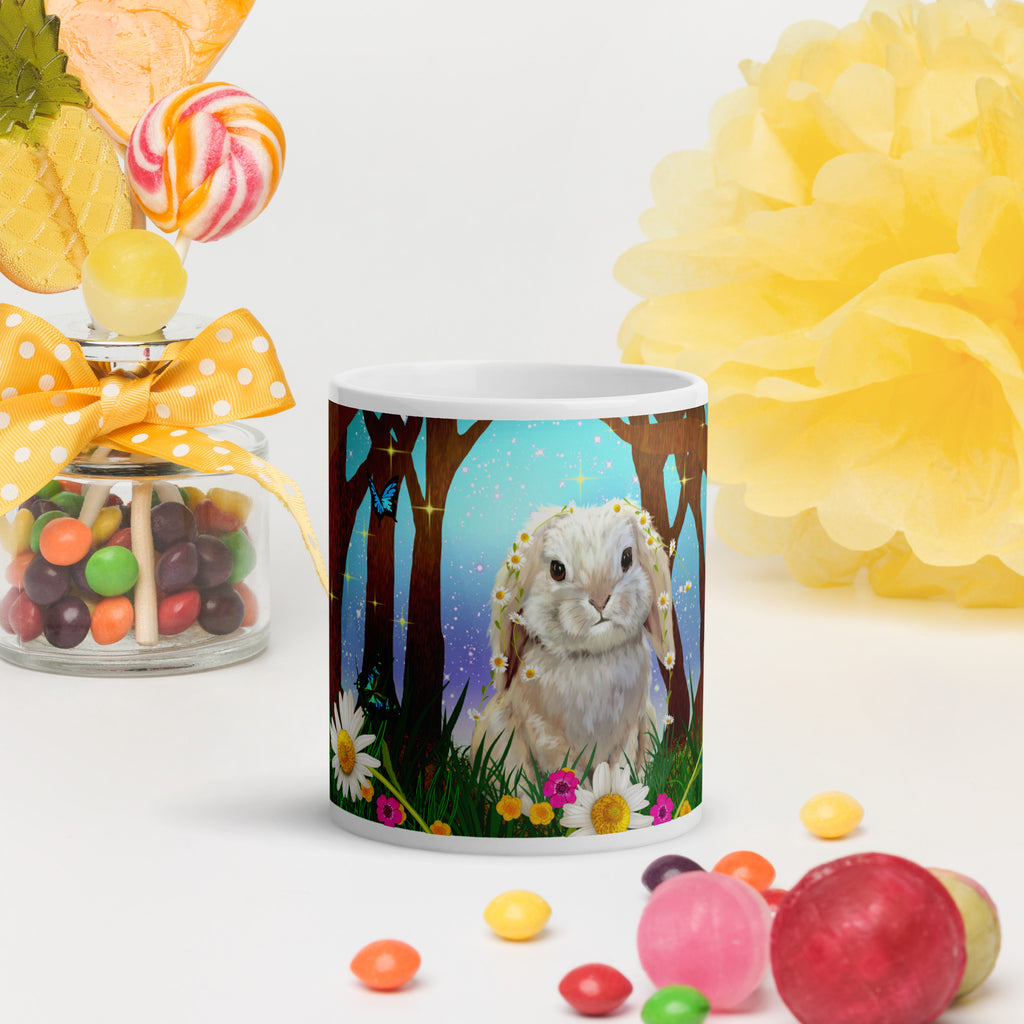 Magical Forest Bunny Mug - Enchanted Easter Bunny with Flower Crown sitting in the grass surrounded  magical trees. flowers and delicate butterflies -11-oz-front view