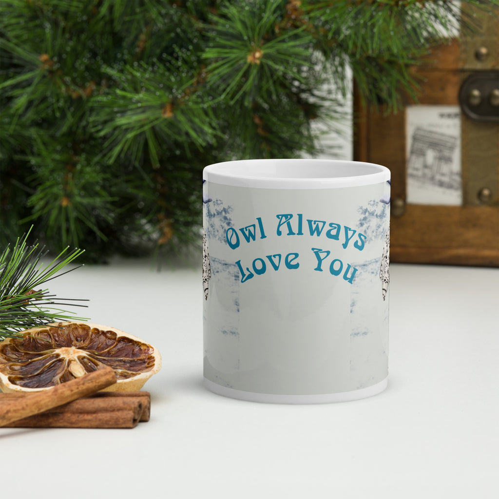 Enchanting Premium white ceramic mug features a beautiful woman with a majestic snowy owl in a magical winter wonderland. With the heartwarming message "Owl Always Love You," this design celebrates love, nature, and the magic of winter - 11 - oz front view