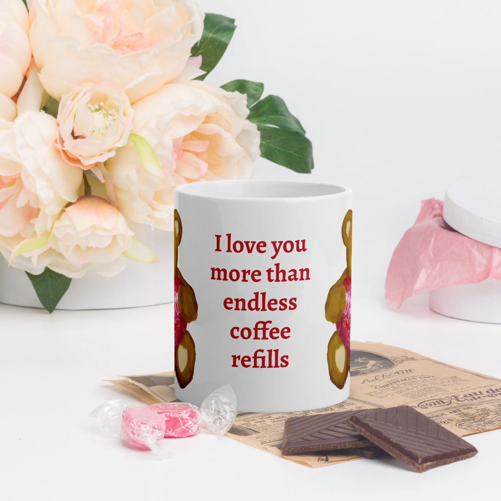 Premium White Ceramic mug - on a table with flowers and chocolates- Personalized text - Valentines Day Bear with geometric Pink and red heart coffee mug. 11 oz - front view