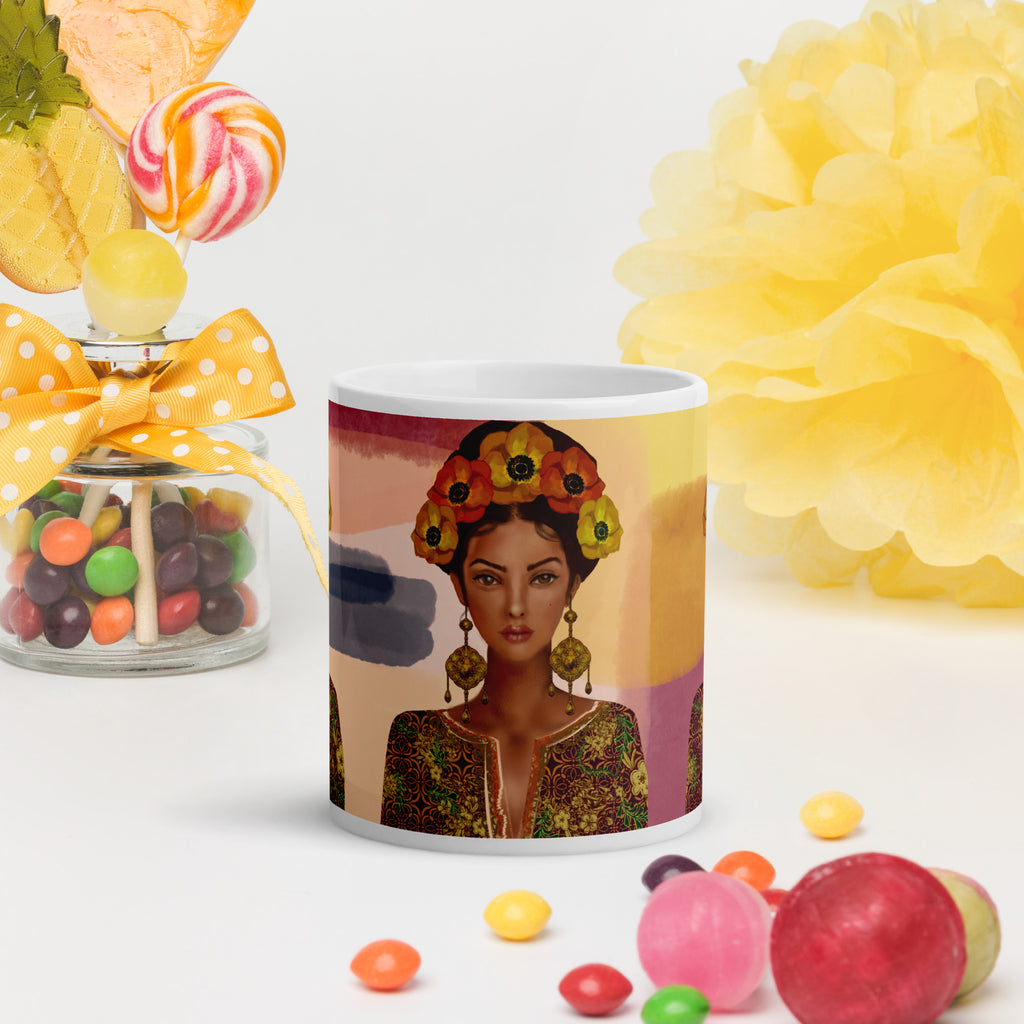 Premium white ceramic -Frida Kahlo Inspired Floral Crown Mug - Artistic Ceramic Coffee Mug- white-11-oz-front
