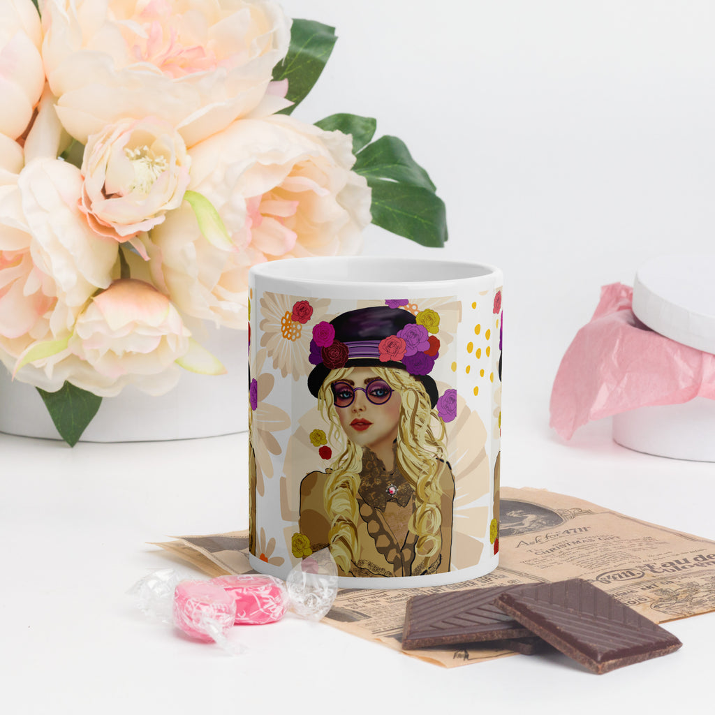 Premium White Ceramic -Bohemian Chic Flower Hat Mug - Stylish Woman White Ceramic Mug-11-oz-front