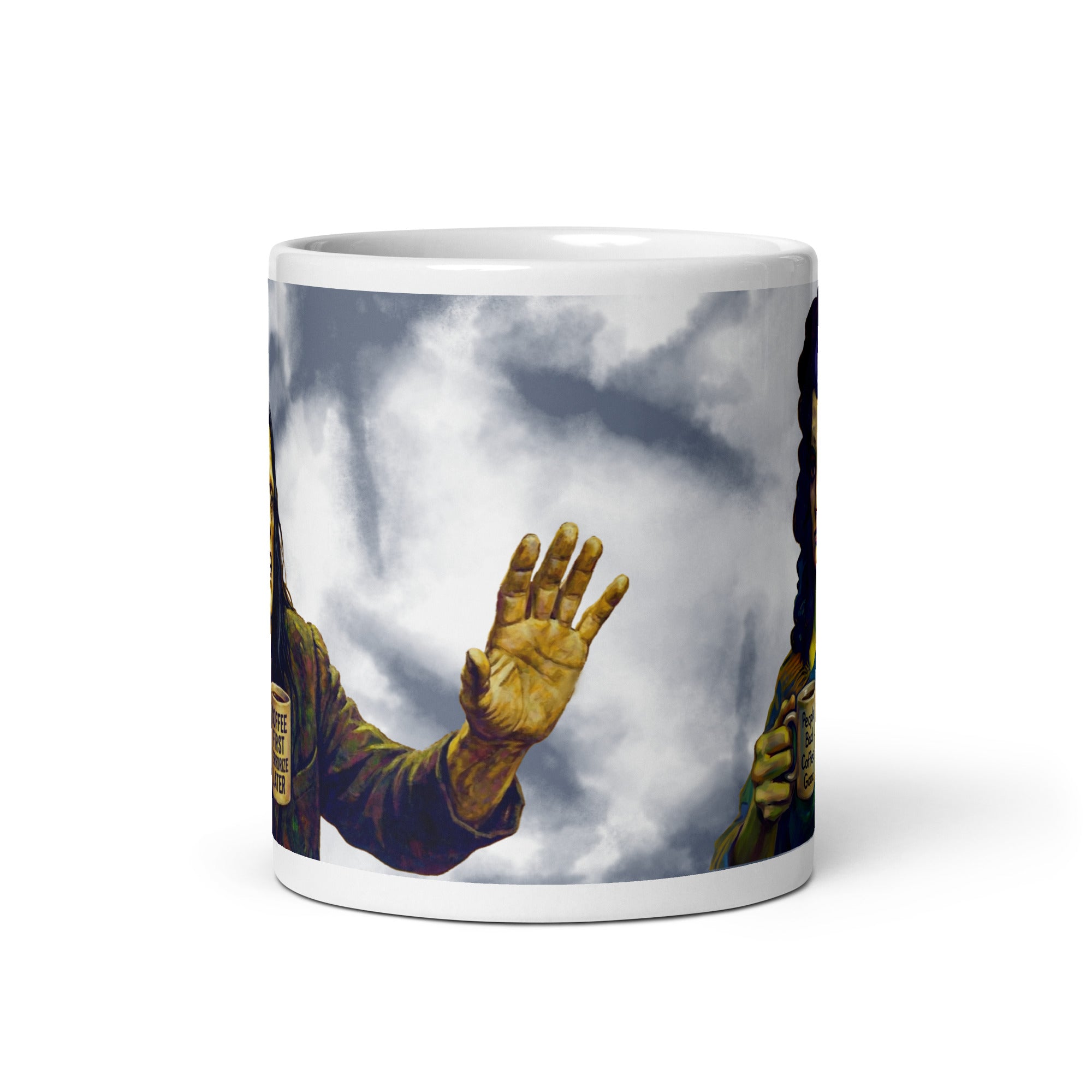 Premium white ceramic -Frankenstein & Bride Coffee Mug - Made for Each Other, Mostly for Coffee - shows Frankenstein's monster fearful holding a mug that has " Coffee First...Terrorize Later" 11 oz front view