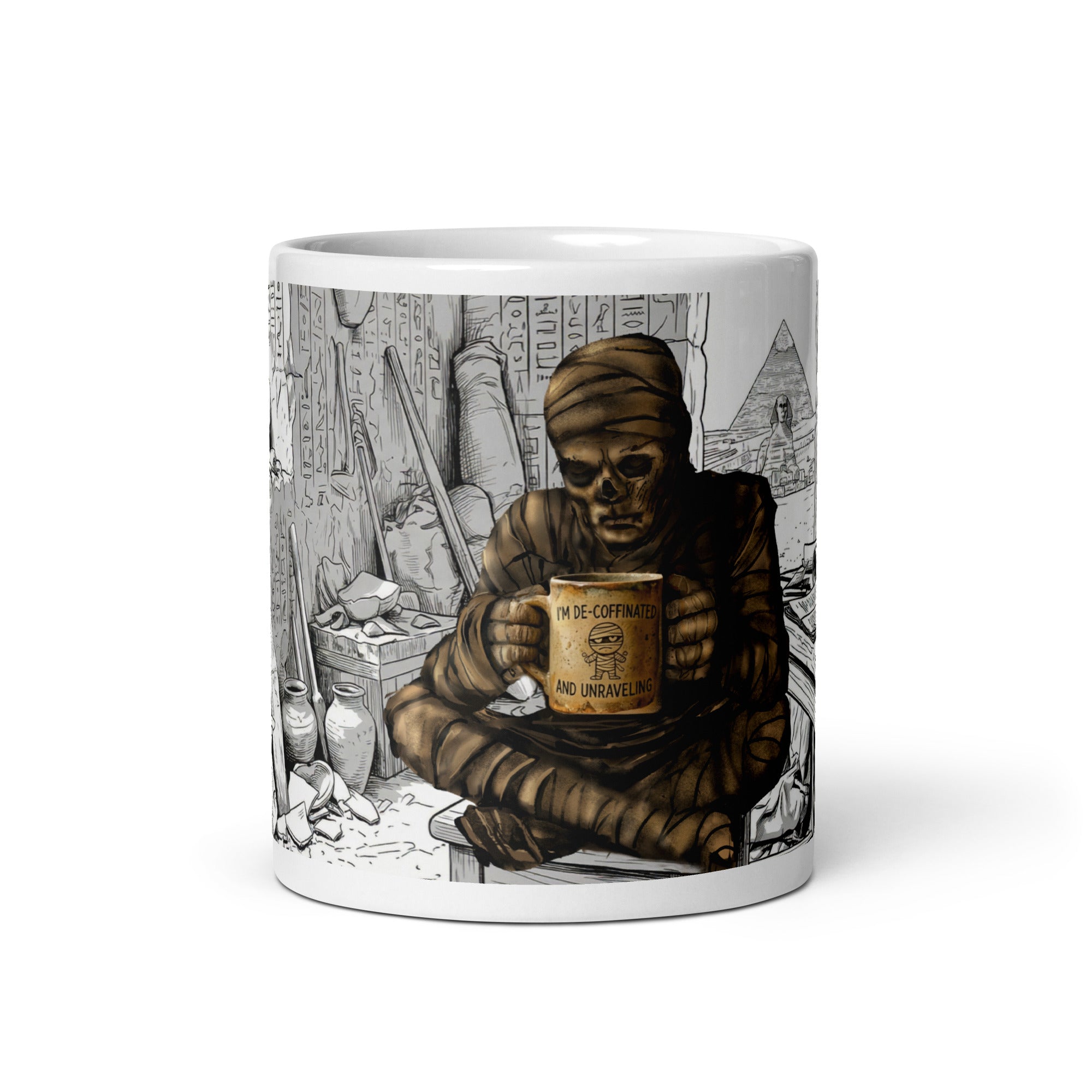  Premium white ceramic coffee mug -Surrounded by hieroglyphic-covered walls, ancient pottery, scrolls, and artifacts  11 oz - front view