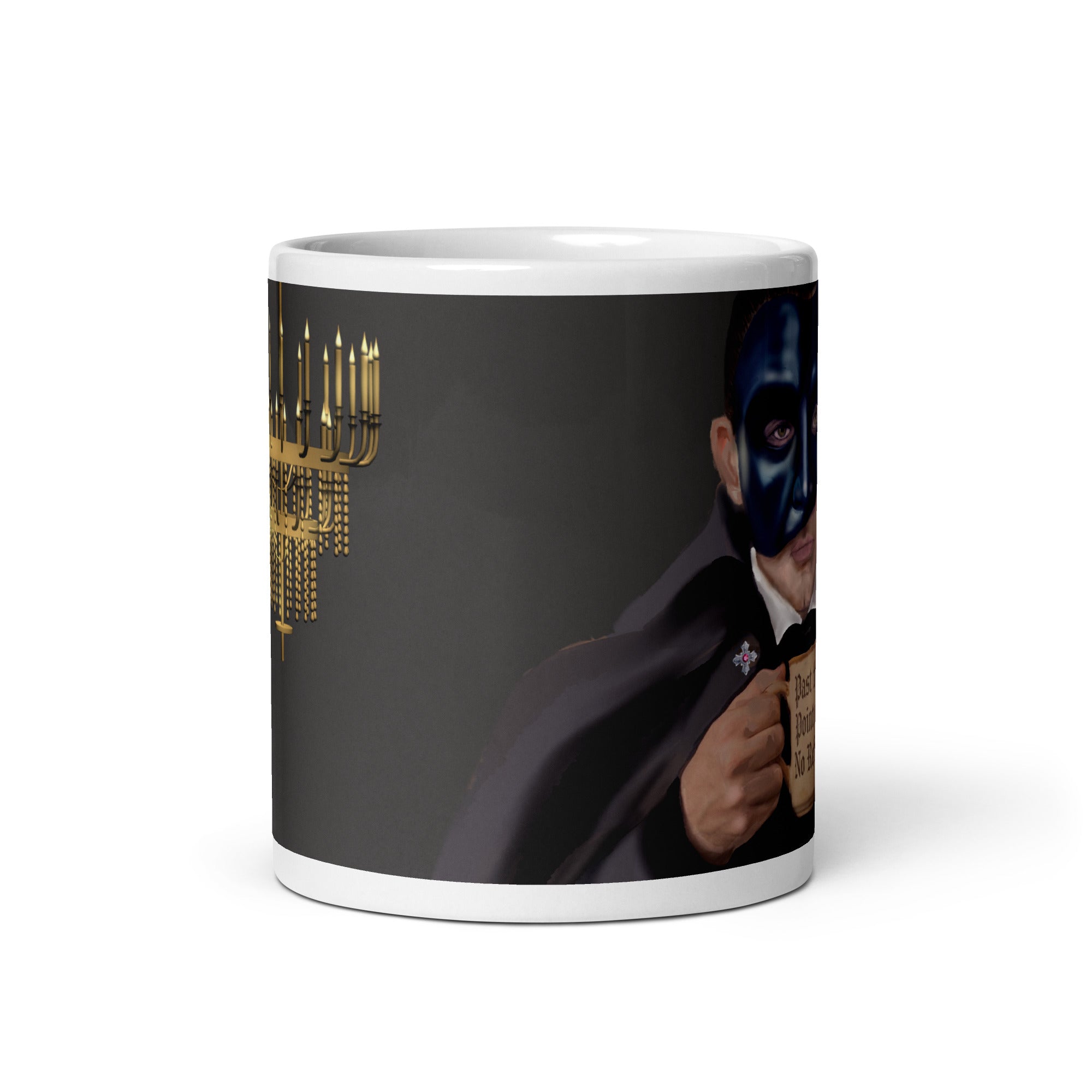 Premium white ceramic - Past the point of No refill - Coffee mug  Dramatic chandelier scene with candlelight, red velvet curtains and opera house ambiance - 11 oz - front view on white background