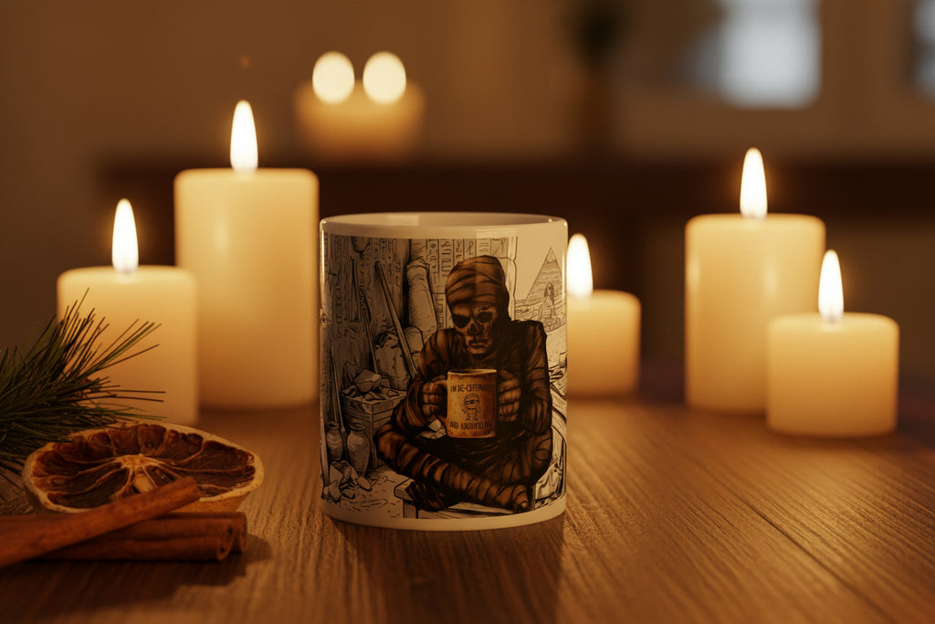  Premium white ceramic coffee mug -Surrounded by hieroglyphic-covered walls, ancient pottery, scrolls, and artifacts  11 oz - front view
