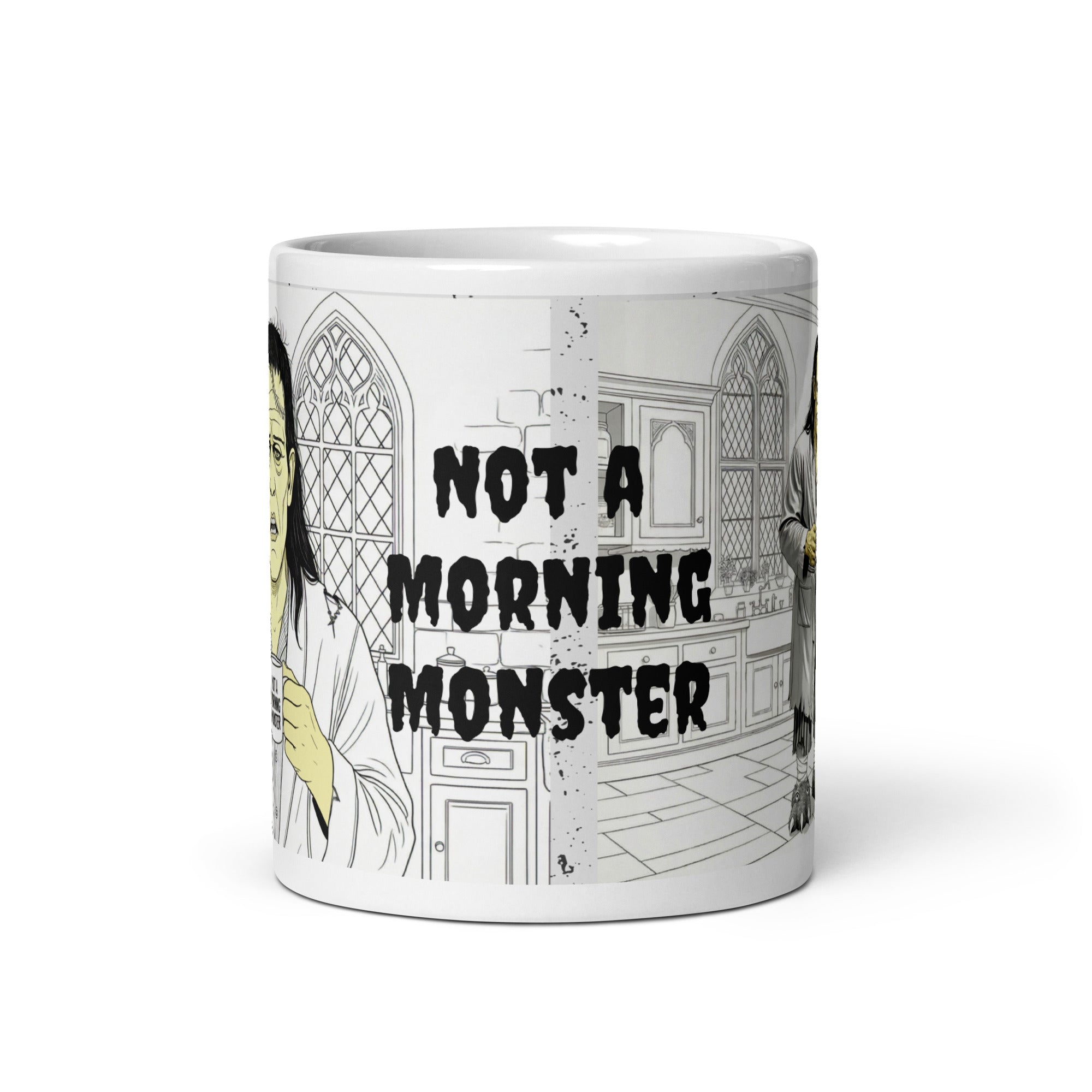 11oz front: Not a Morning Monster Mug - Brew-kenstein Coffee Gothic | Brew Crew — "I'm Not a Morning Monster" text. 11oz - front
