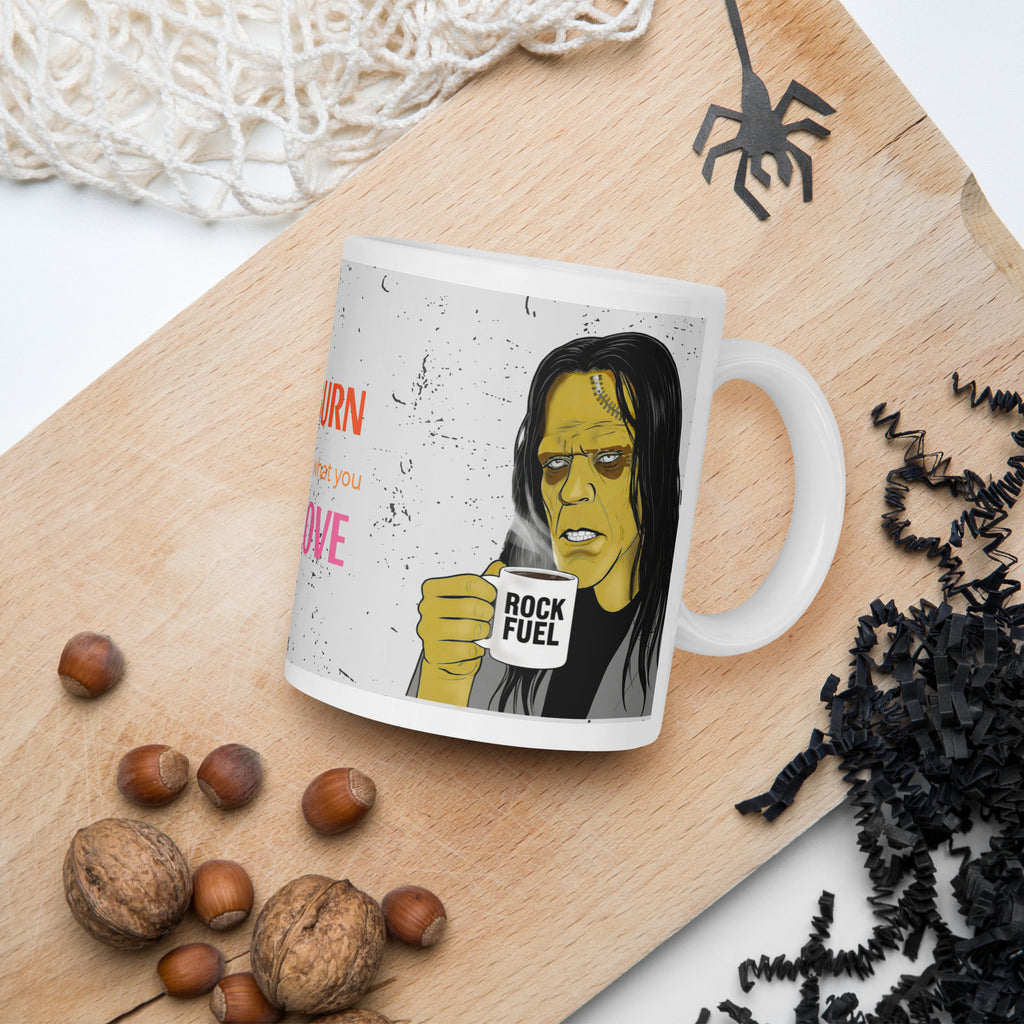 Brew-kenstein Coffee Monster | Burn for What You Love …Premium ceramic mug-Monster playing guitar with bats fying around - mug on floor with words "Brew-kenstein's Beats" written on front- 11 oz left view