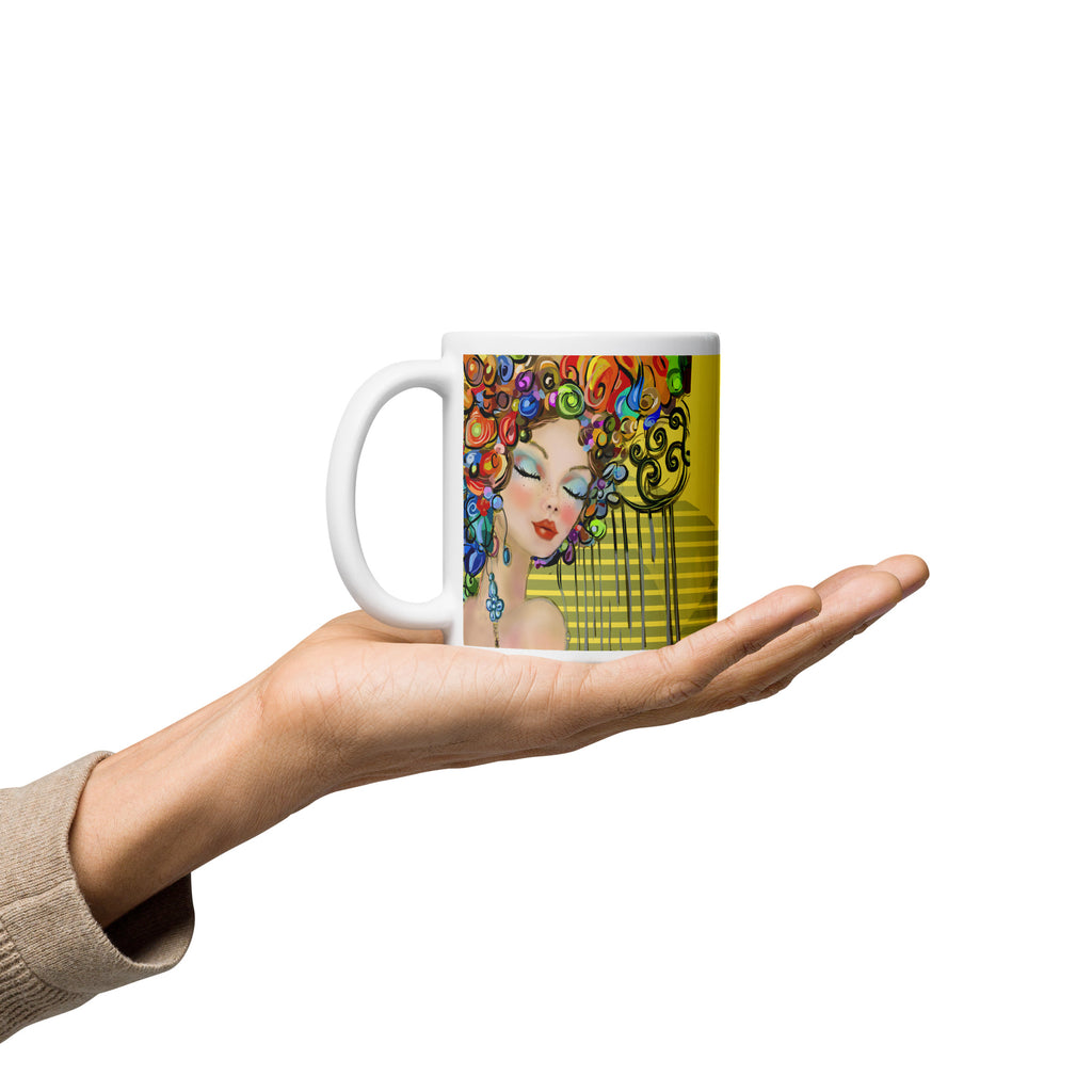 Art Deco Rainbow Swirl Woman Mug - Klimt Inspired White Ceramic Mug-11-oz-left