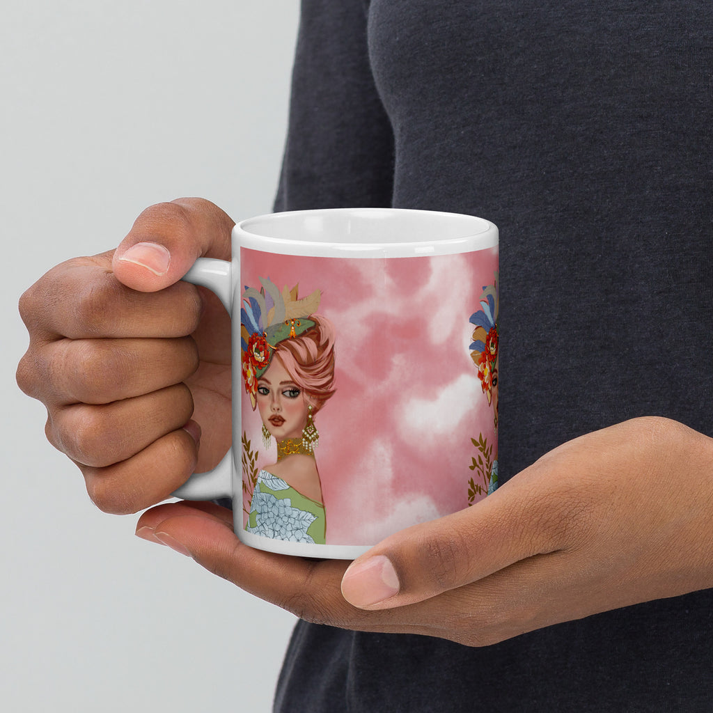 Tropical Glamour Flower Woman Mug - Elegant Pink Hair White Ceramic Mug-11-oz-left