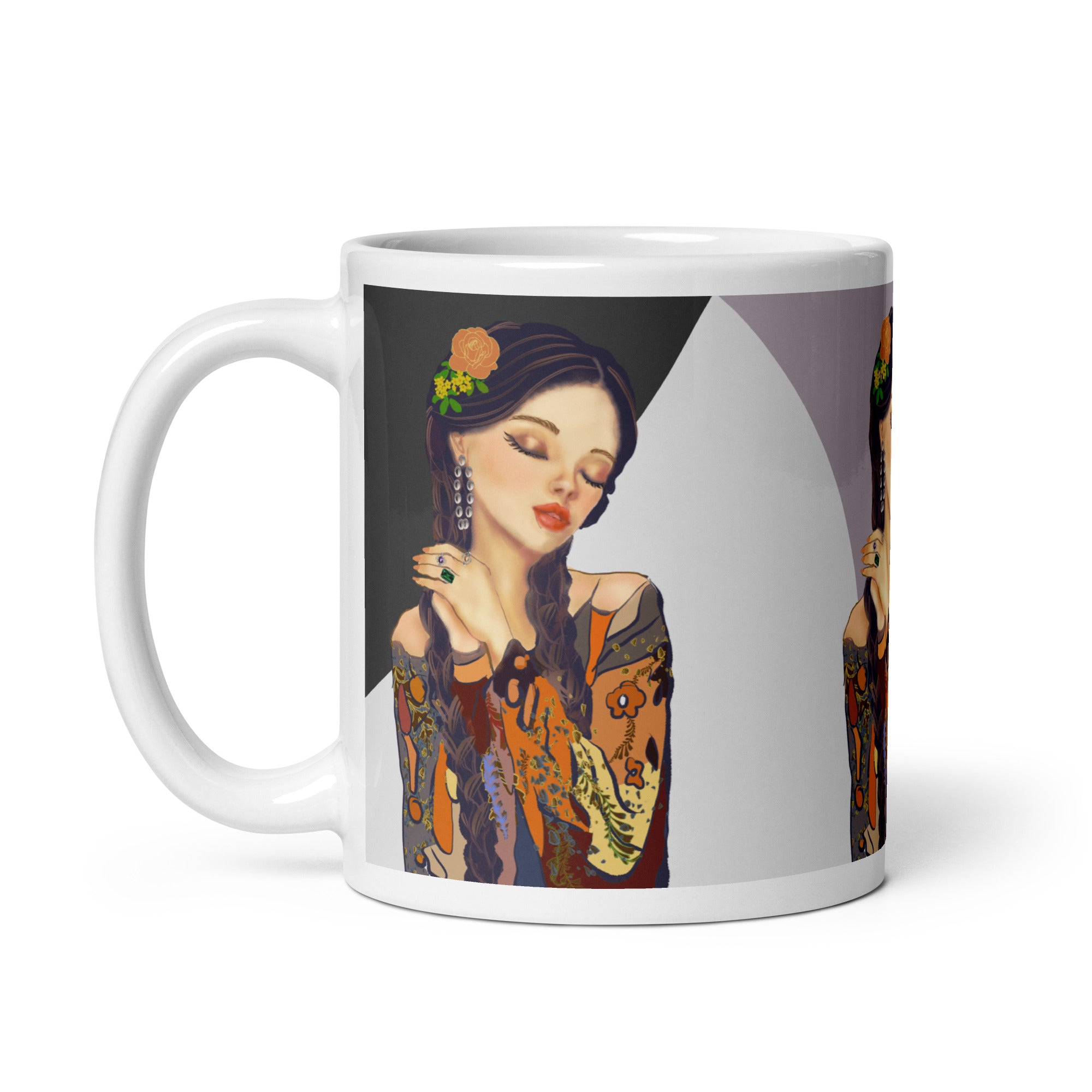 Vintage Pin-Up Woman Mug - Colorful Patterned Blouse White Ceramic Mug-11-oz-left