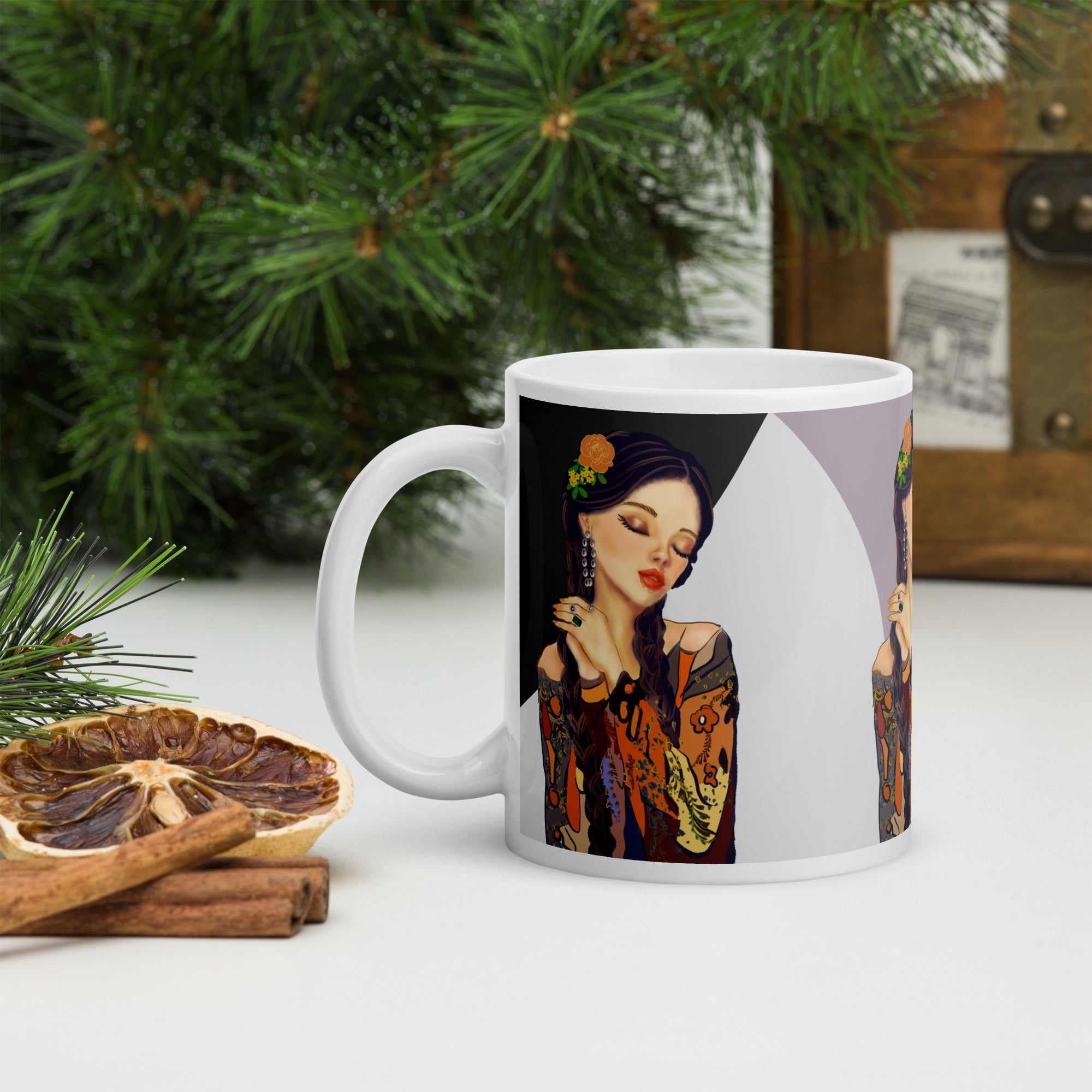 
Vintage Pin-Up Woman Mug - Colorful Patterned Blouse White Ceramic Mug-11-oz-left