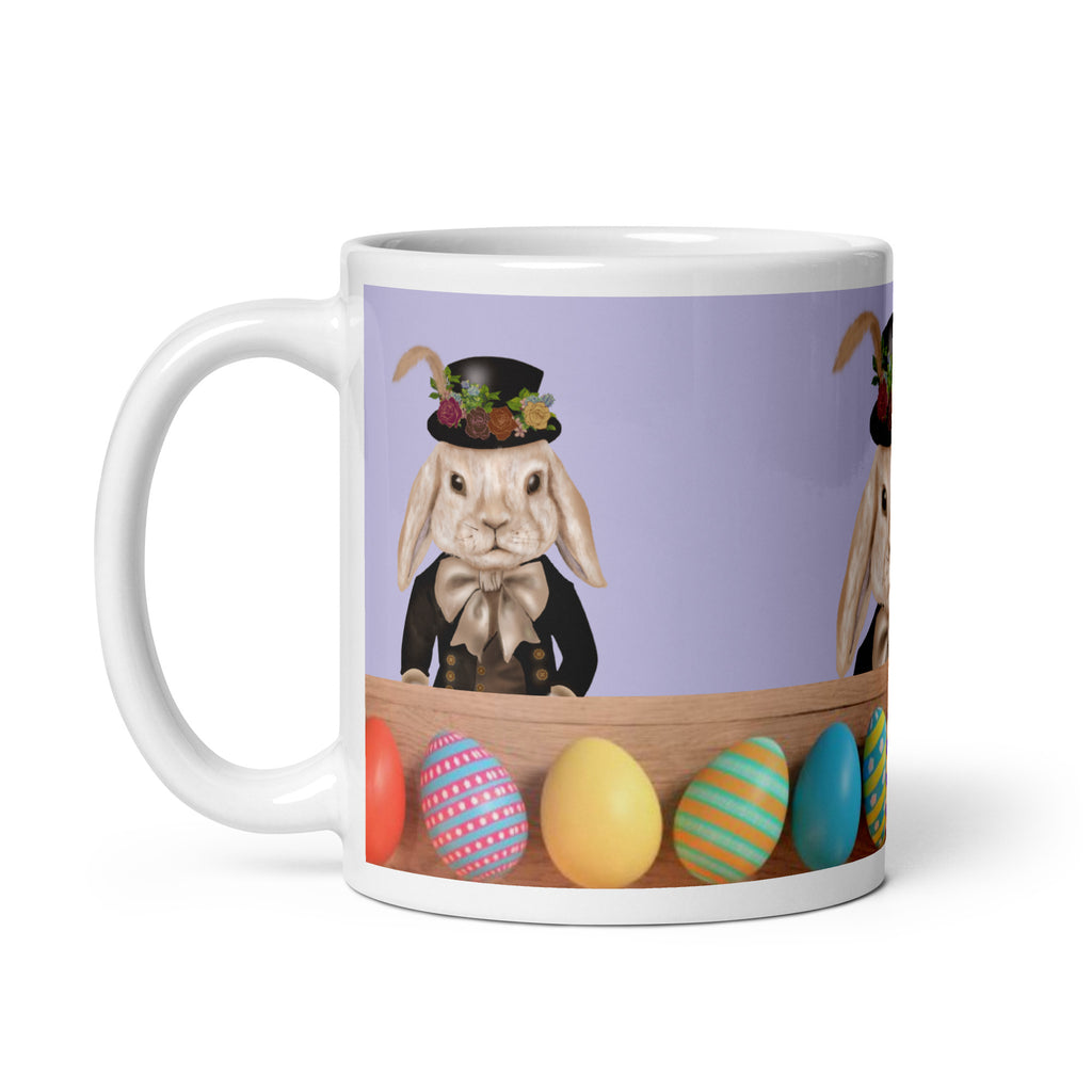 Dapper Bunny Easter Mug with Victorian rabbit in top hat and bow tie on lavender background with colorful Easter eggs - 11 oz ceramic coffee mug-left view