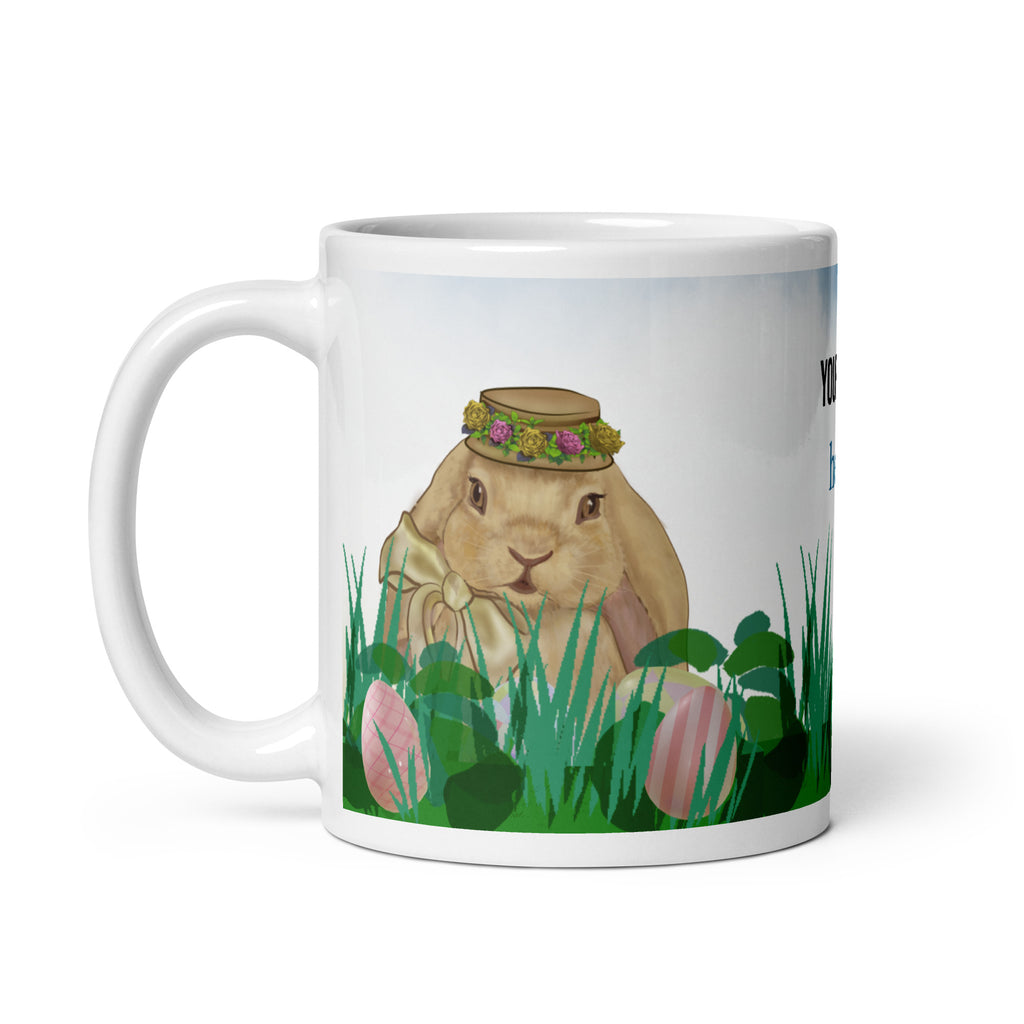 Spring Bunny Lady Mug Easter Coffee Mug with charming spring bunny adorned with a delicate flower crown hat in field of grass, light blue sky and Easter eggs. Customize with text in all sizes - 11 oz - left view