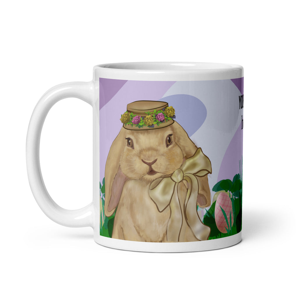 Spring Bunny Lady Mug Easter Coffee Mug with charming spring bunny adorned with a delicate flower crown hat in field of grass, lavender pattern background and Easter eggs. Customize with text in all sizes - 11 oz - left view