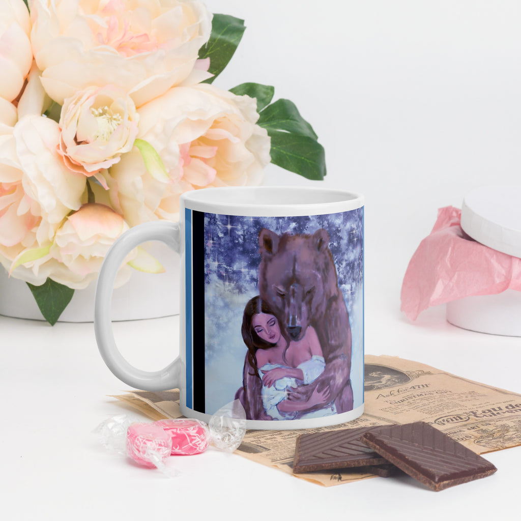 Bear Hug Valentine's Day Mug - Romantic Winter Love Heart Gift- Premium white ceramic mug- Large brown bear hugging woman with white dress in a winter scene of snow and trees in background. 11 oz left view