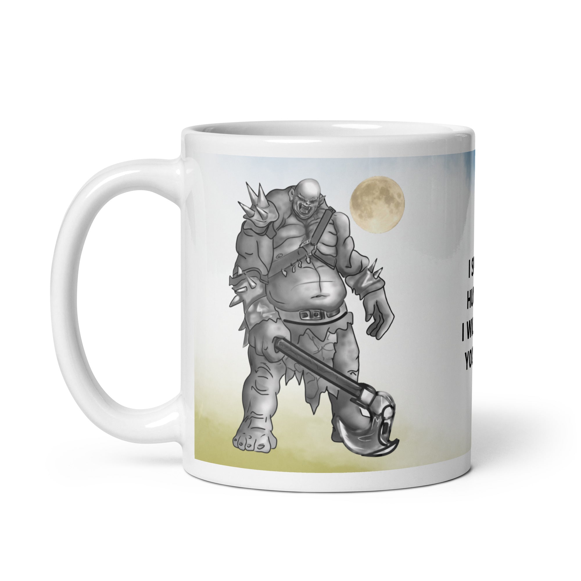 I Smell Human I Will Eat Youuuu Mug - Coffee Ogre Warrior | Brew Crew- Premium ceramic mug with big ogre holding large axe - has spiked armor and ready for battle. Full moon in the sky - 11 oz -left view