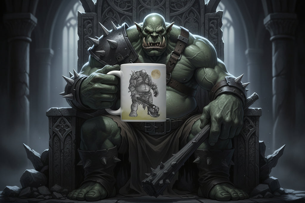 I Smell Human I Will Eat Youuuu Mug - Coffee Ogre Warrior | Brew Crew- Premium ceramic mug with big ogre holding large axe - has spiked armor and ready for battle. Full moon in the sky - 11 oz -left view