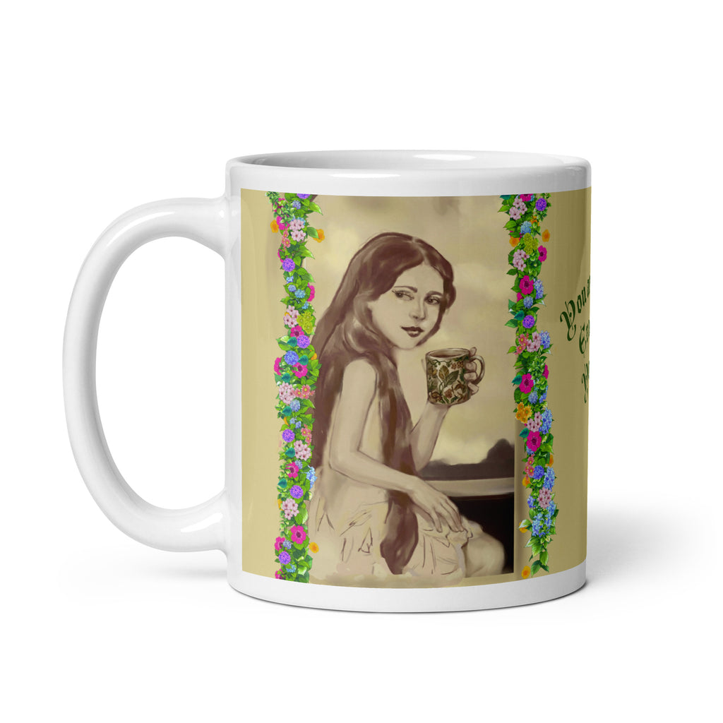 Beautiful Premium white ceramic mug features a vintage sepia-toned woman with flowing hair, holding an ornate decorative mug, framed by colorful floral garlands. With the empowering message "You are Enough Exactly as You are" -11 - oz left view