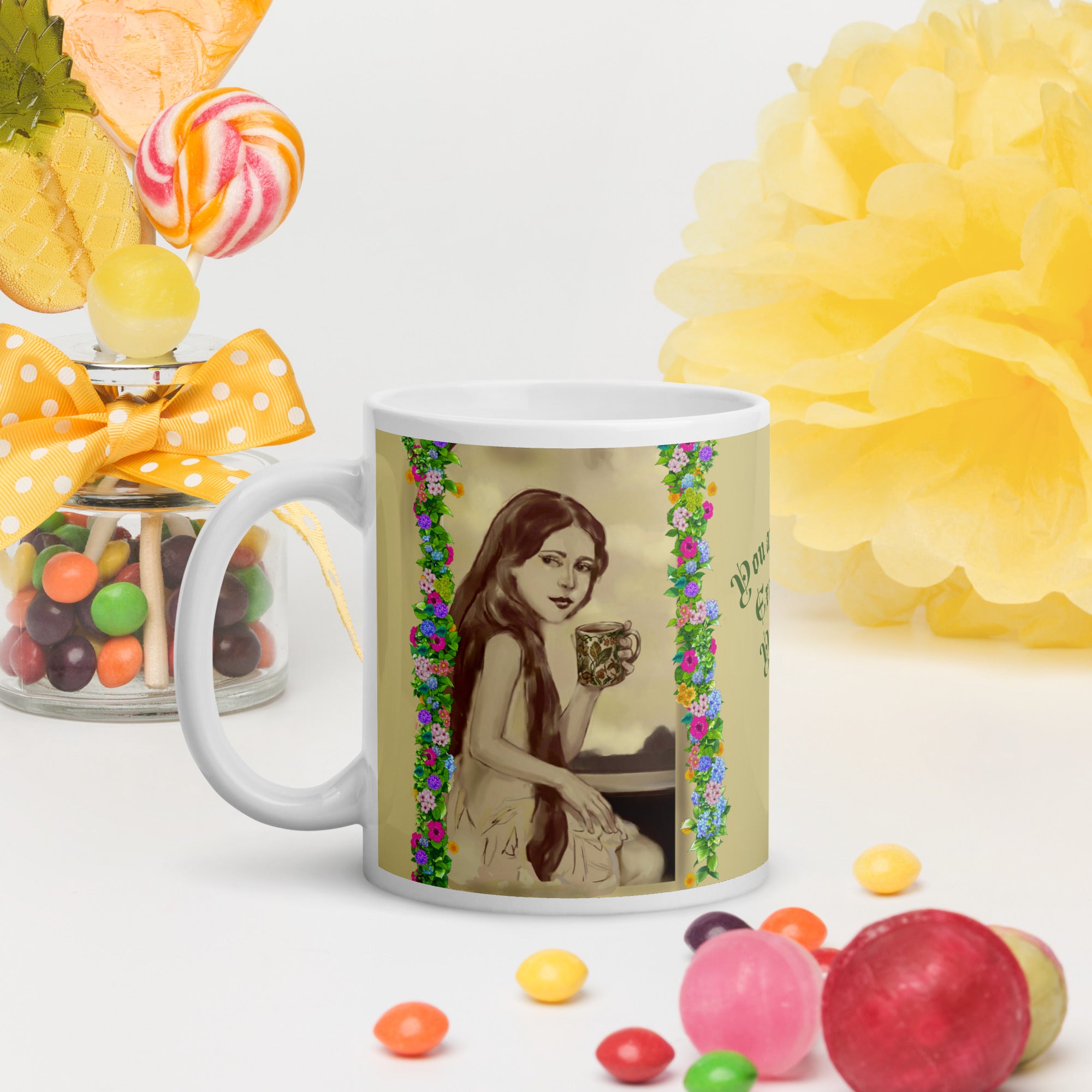 Beautiful Premium white ceramic mug features a vintage sepia-toned woman with flowing hair, holding an ornate decorative mug, framed by colorful floral garlands. With the empowering message "You are Enough Exactly as You are" -11 - oz left view