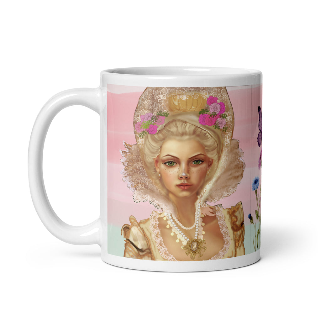 Stunning Premium white ceramic mug features the iconic French queen Marie Antoinette with her elaborate updo hairstyle, ornate golden crown adorned with pink flowers, magnificent white lace Elizabethan collar, and pearl necklaces. Surrounded by her beloved cornflowers (bleuets) and a delicate purple butterfly - 11 - oz  left view