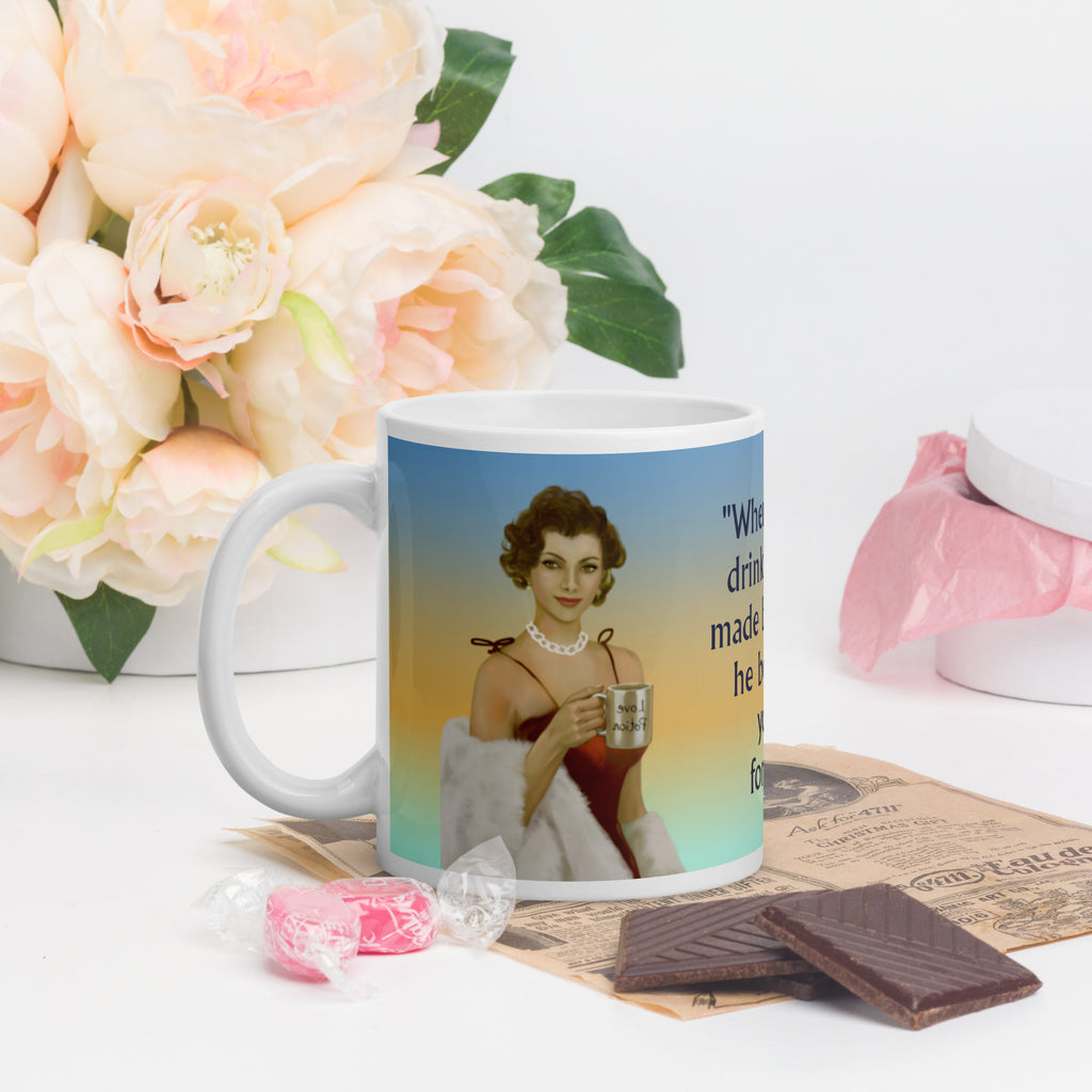 Charming Premium white ceramic mug features Sophia, a stunning 1950s vintage woman with elegant style, silver necklace, and red dress, holding a mug that says "Love Potion." With the romantic message "When a man drinks coffee made by you.... he becomes yours forever,  11 - oz - left view